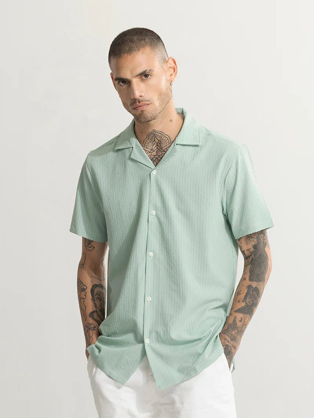 

Snitch Green Classic Cuban Collar Oversized Casual Shirt