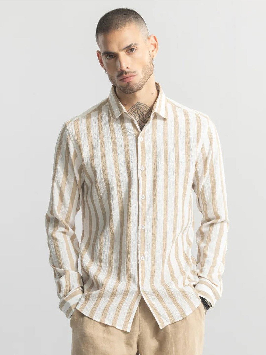 

Snitch Beige Classic Slim Fit Striped Casual Shirt
