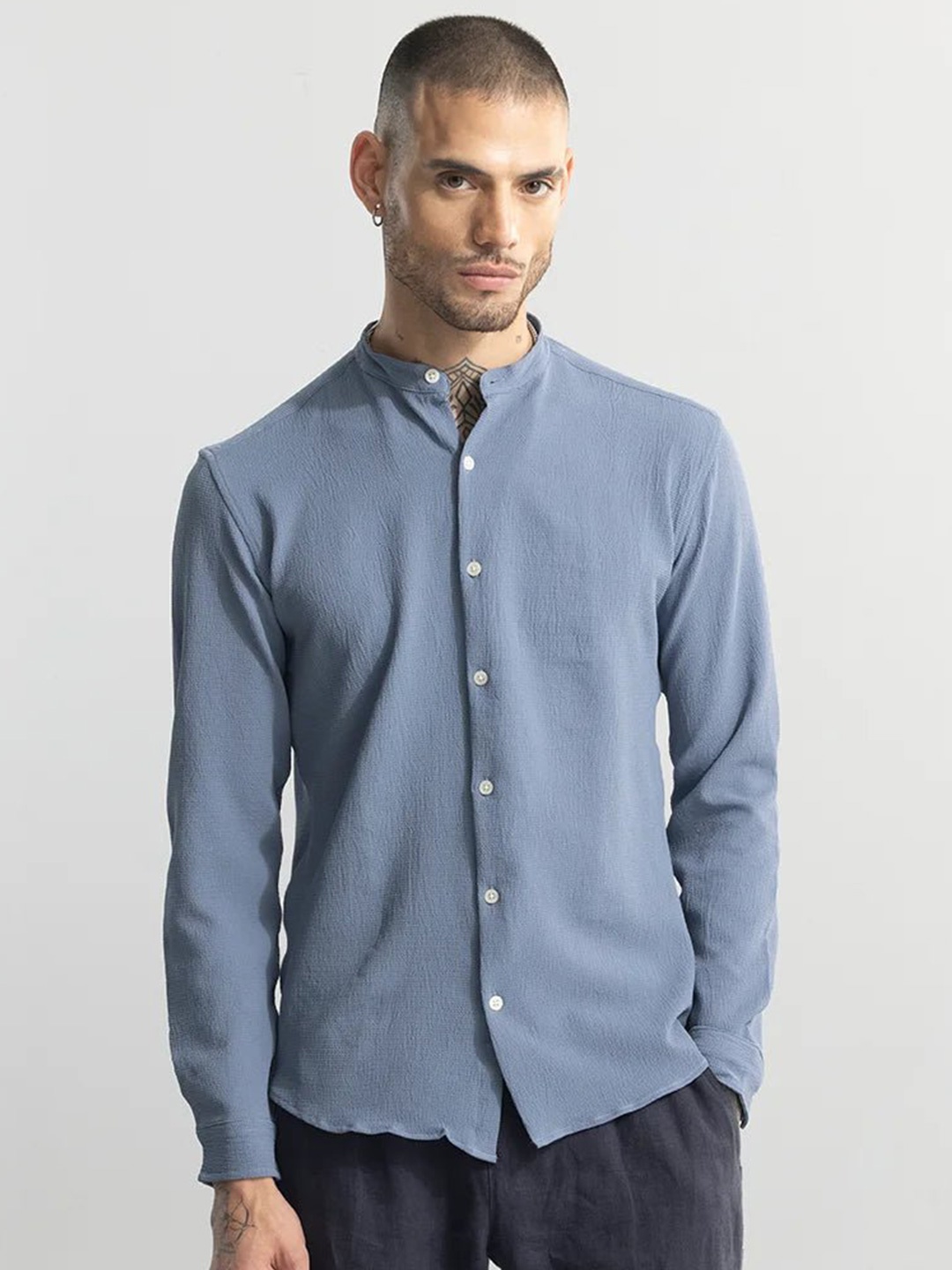 

Snitch Navy Blue Classic Band Collar Casual Shirt