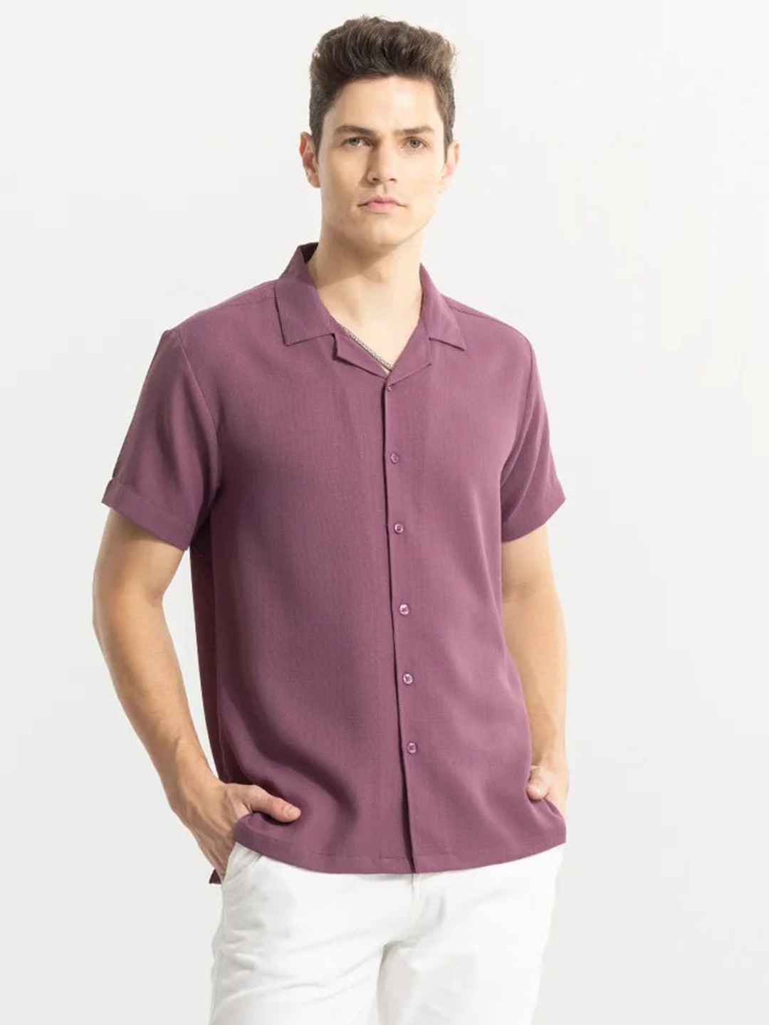 

Snitch Purple Classic Fit Cuban Collar Casual Shirt