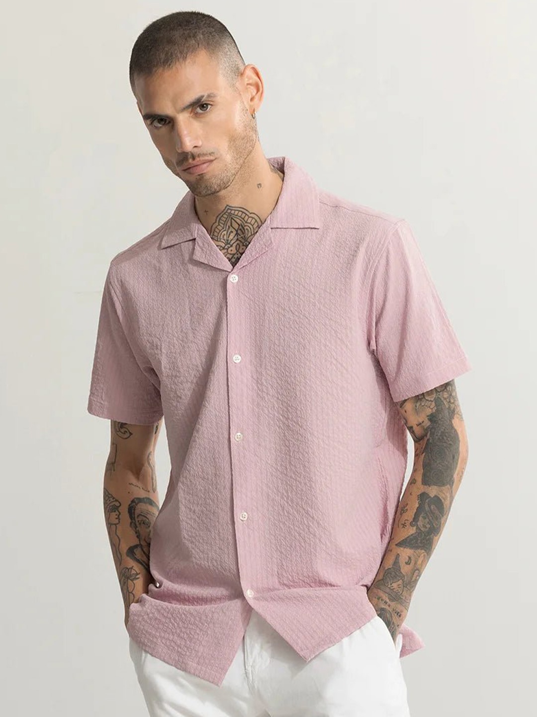 

Snitch Pink Classic Cuban Collar Casual Oversized Shirt