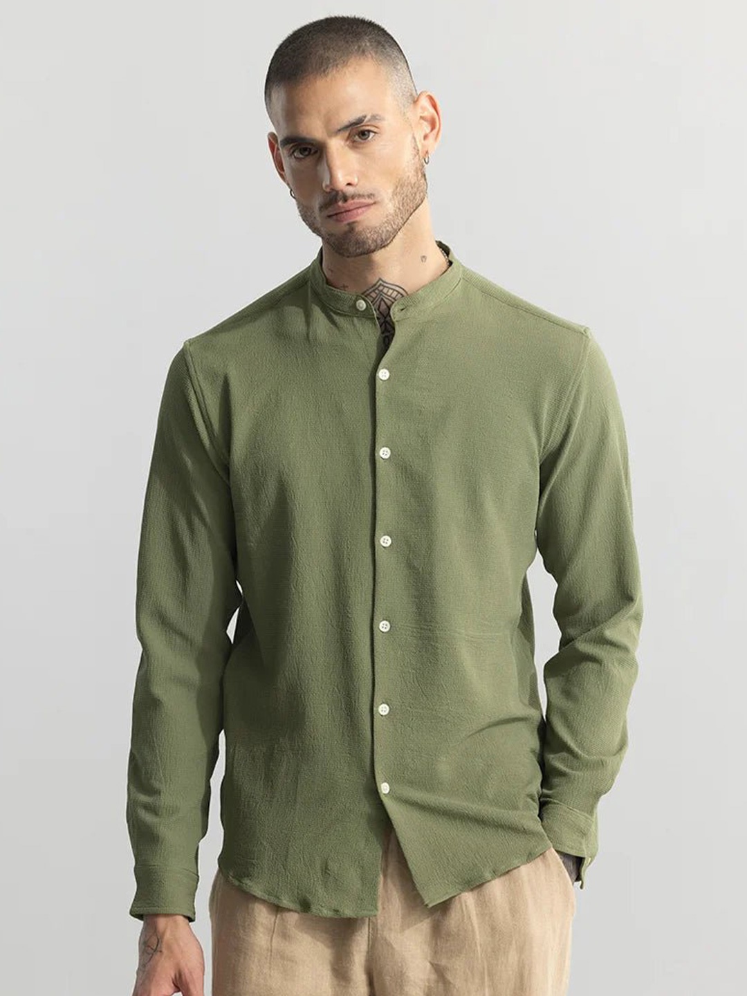 

Snitch Band Collar Classic Oversized Fit Opaque Casual Shirt, Olive