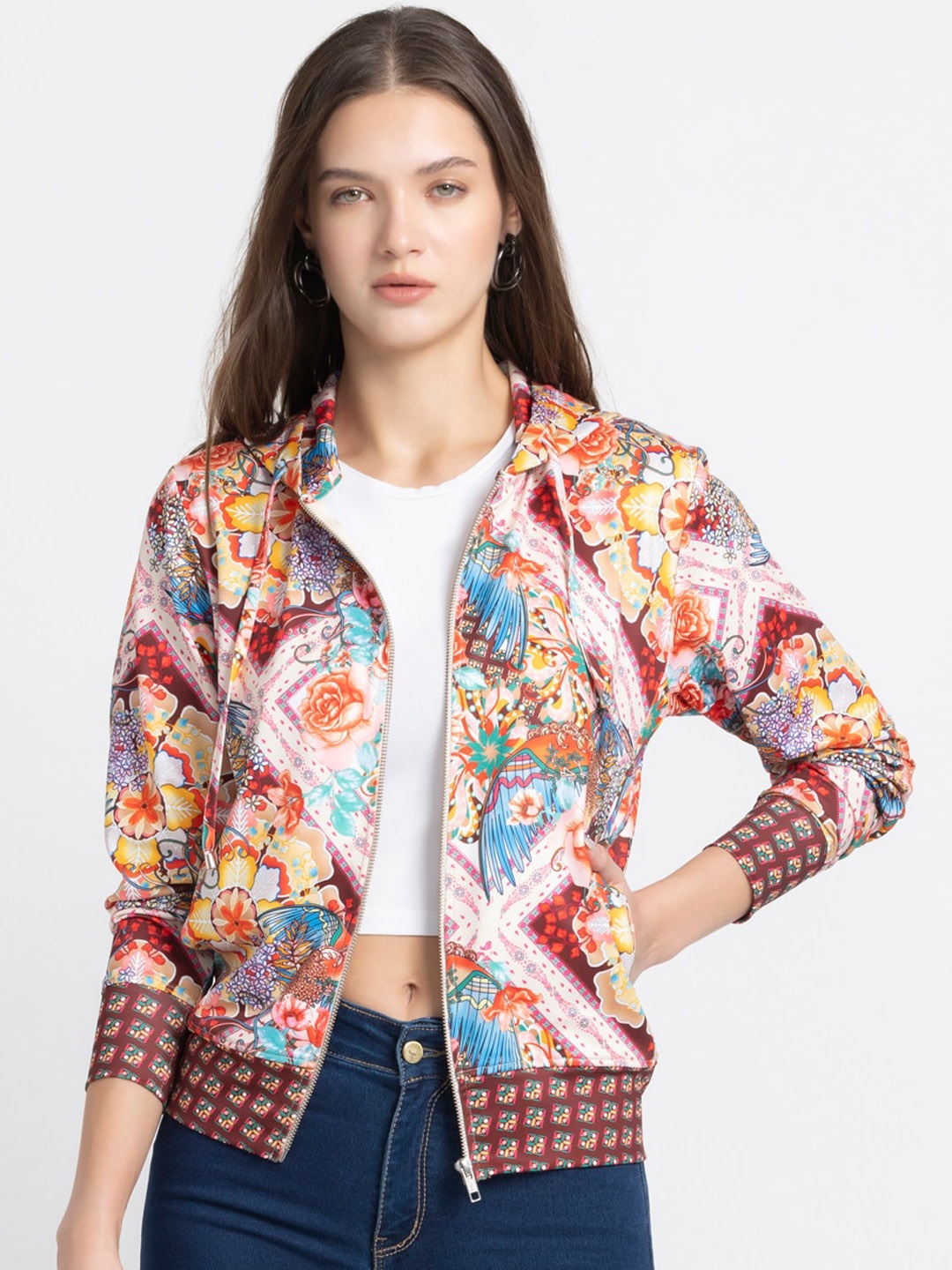 

SHAYE Floral Printed Hooded Lightweight Bomber, Beige