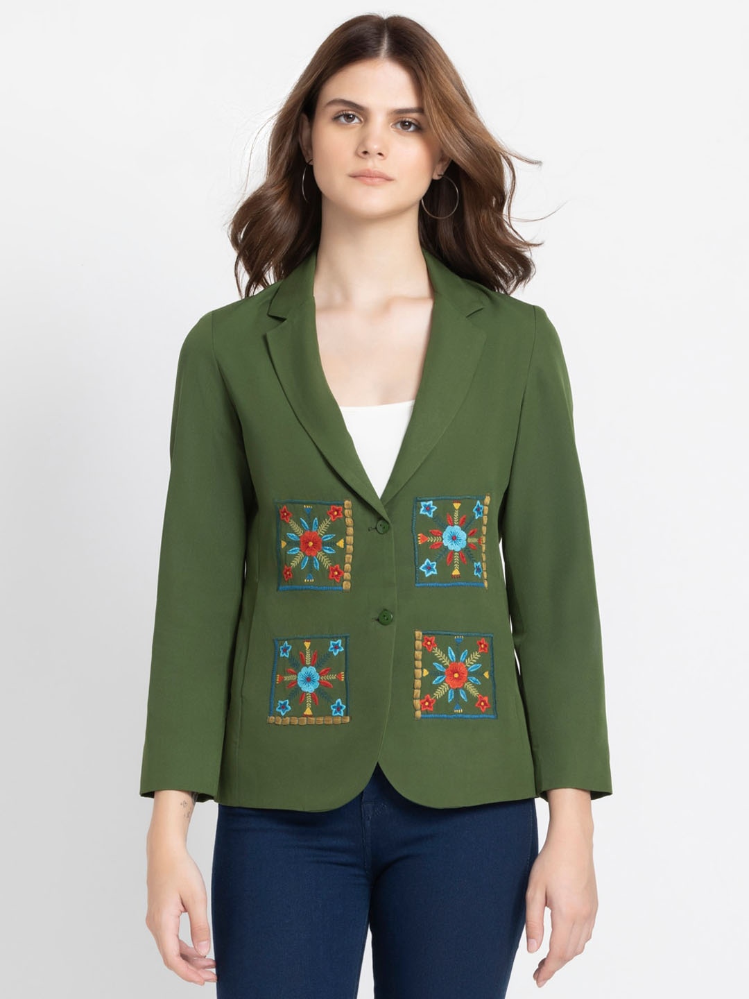 

SHAYE Floral Embroidered Notched Lapel Collar Single-Breasted Blazer, Olive