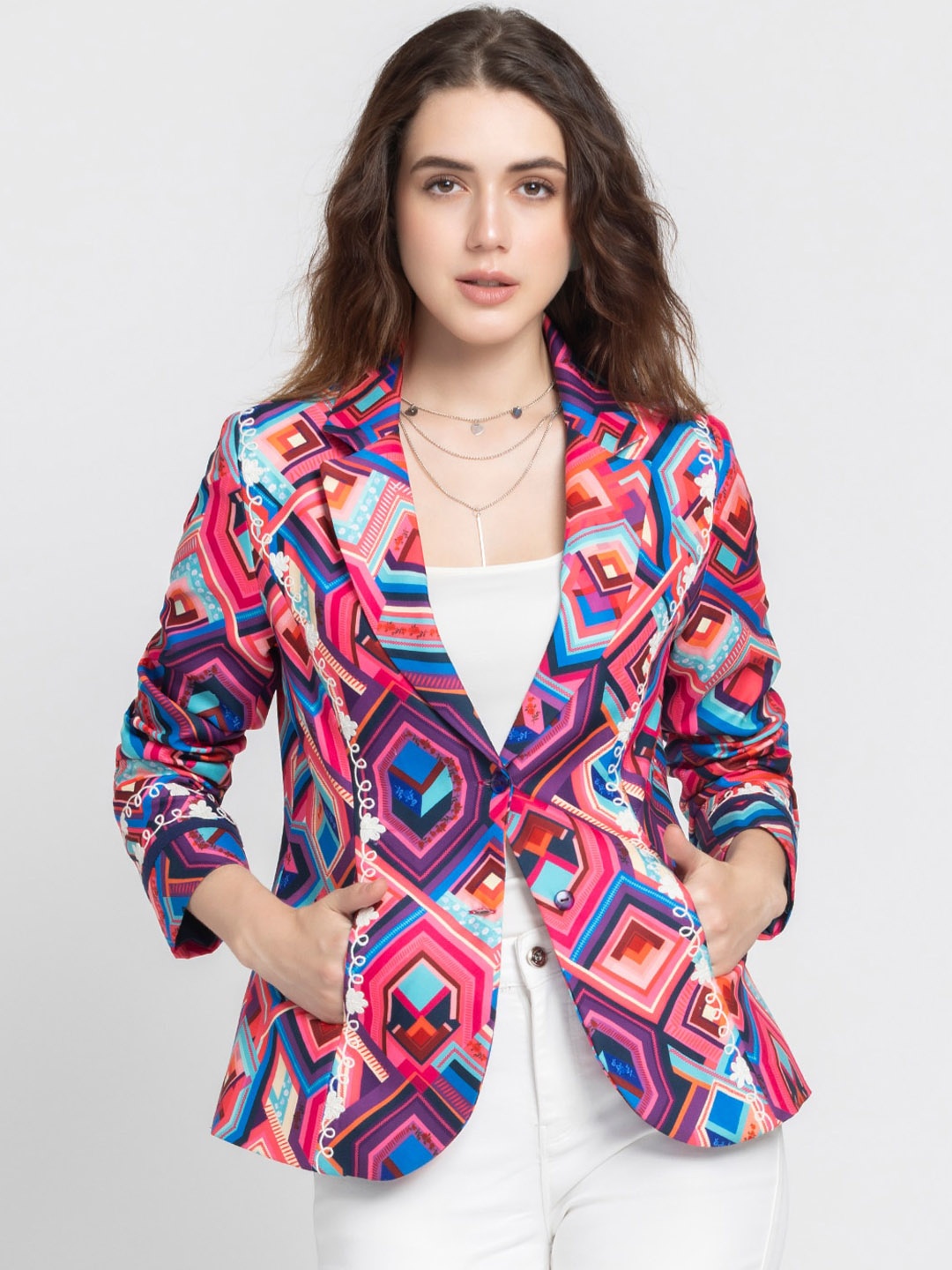 

SHAYE Geometric Printed Notched Lapel Collar Single Breasted Blazers, Pink