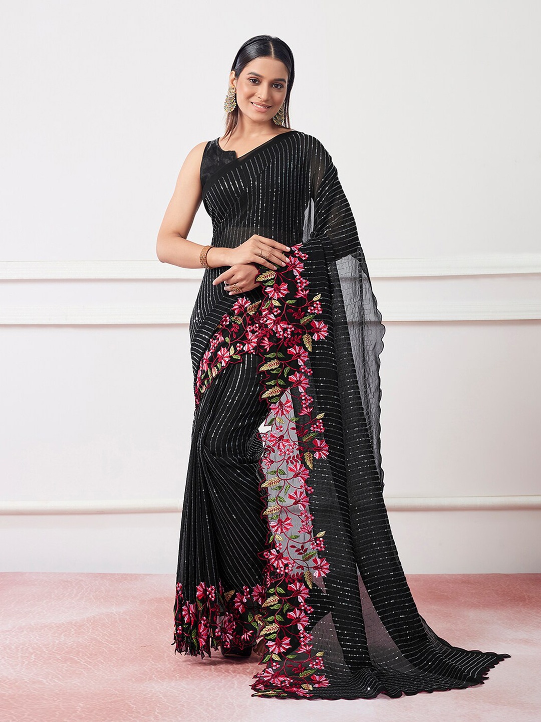 

Mitera Black Embellished Sequinned Pure Georgette Party Saree