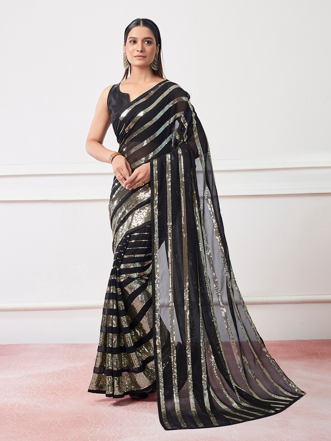 

Mitera Black Embellished Sequinned Pure Georgette Saree