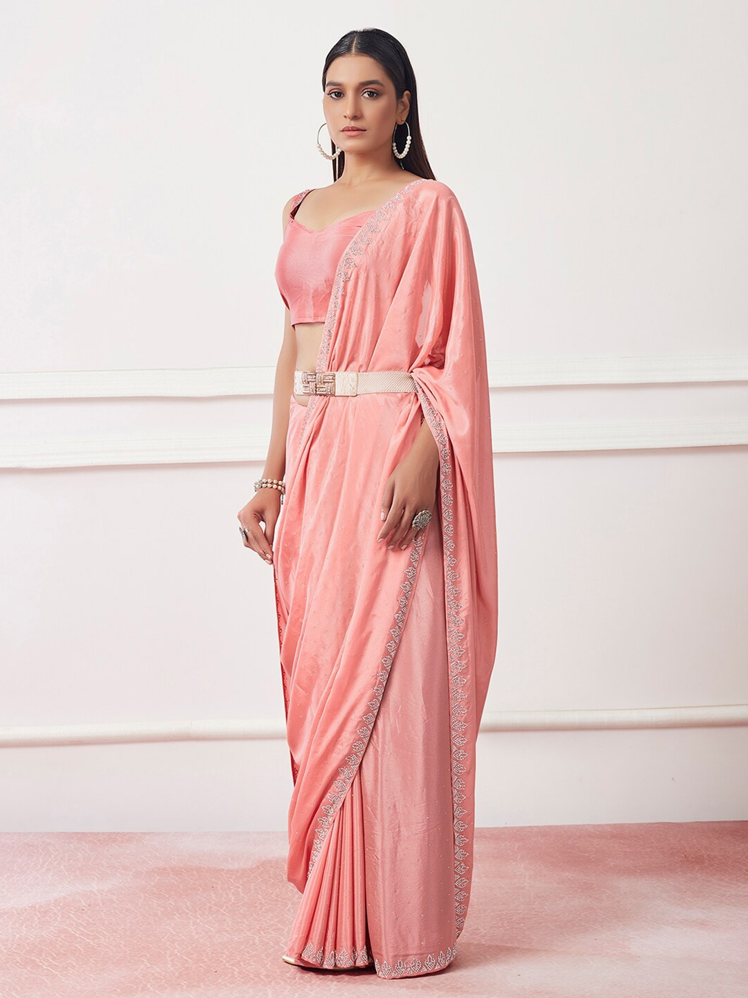 

Mitera Peach Coloured Embellished Beads and Stones Satin Saree