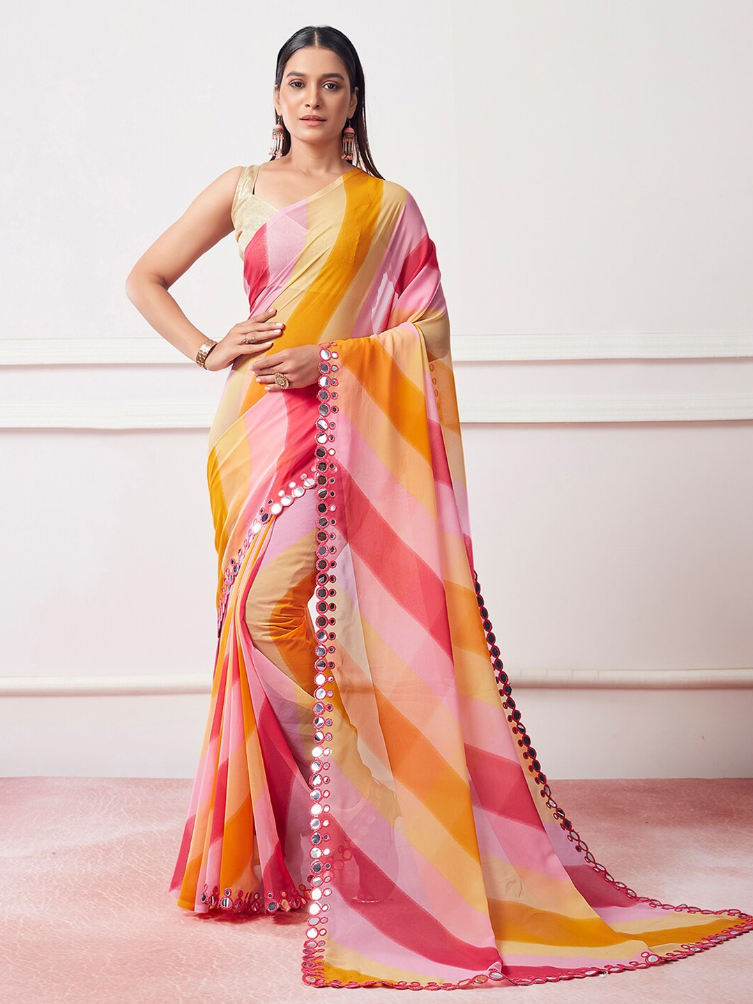 Mitera Pink & Orange Striped Mirror Work Pure Georgette Party Saree