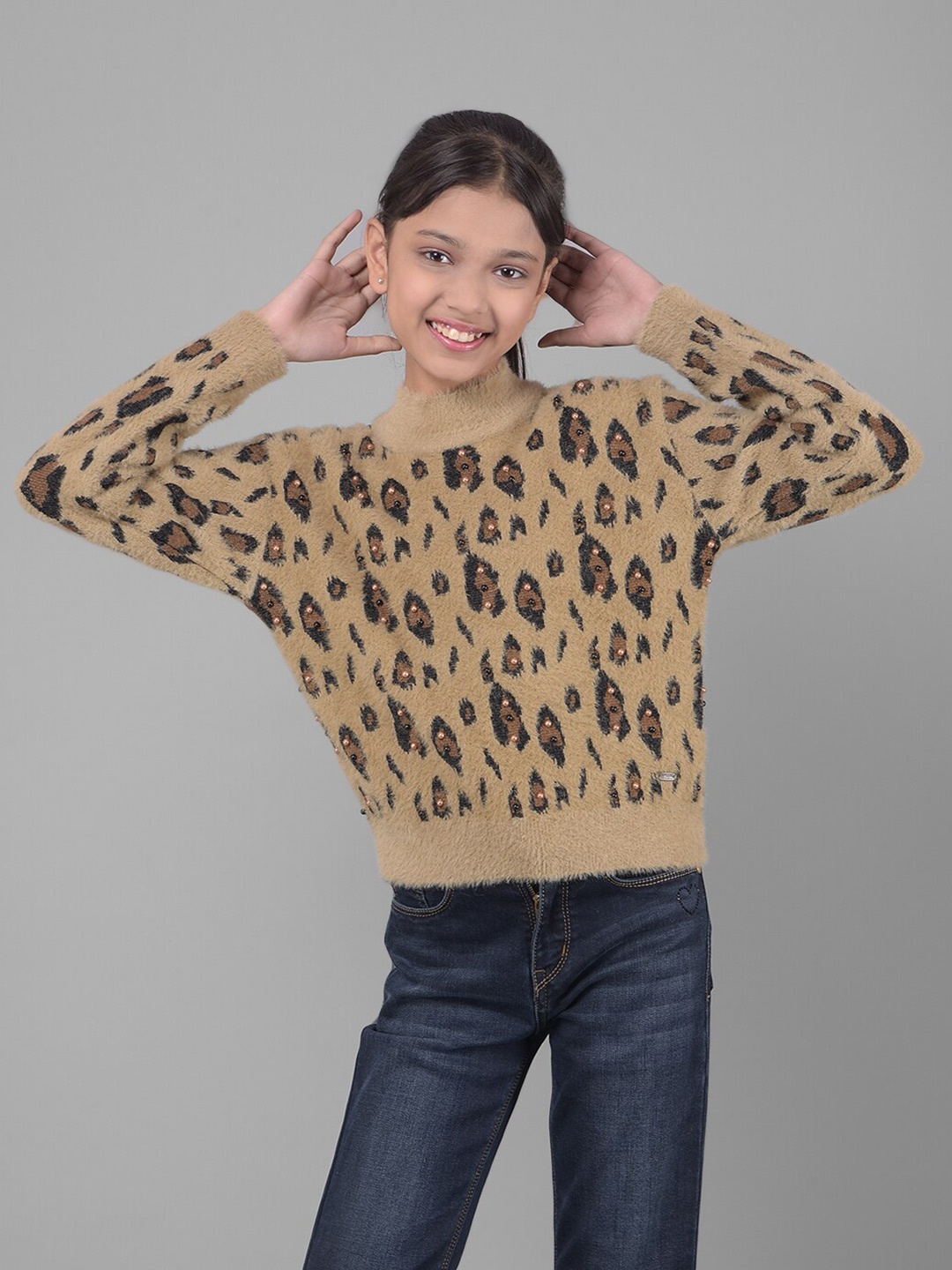

Crimsoune Club Girls Abstract Printed Embellished Pullover, Brown