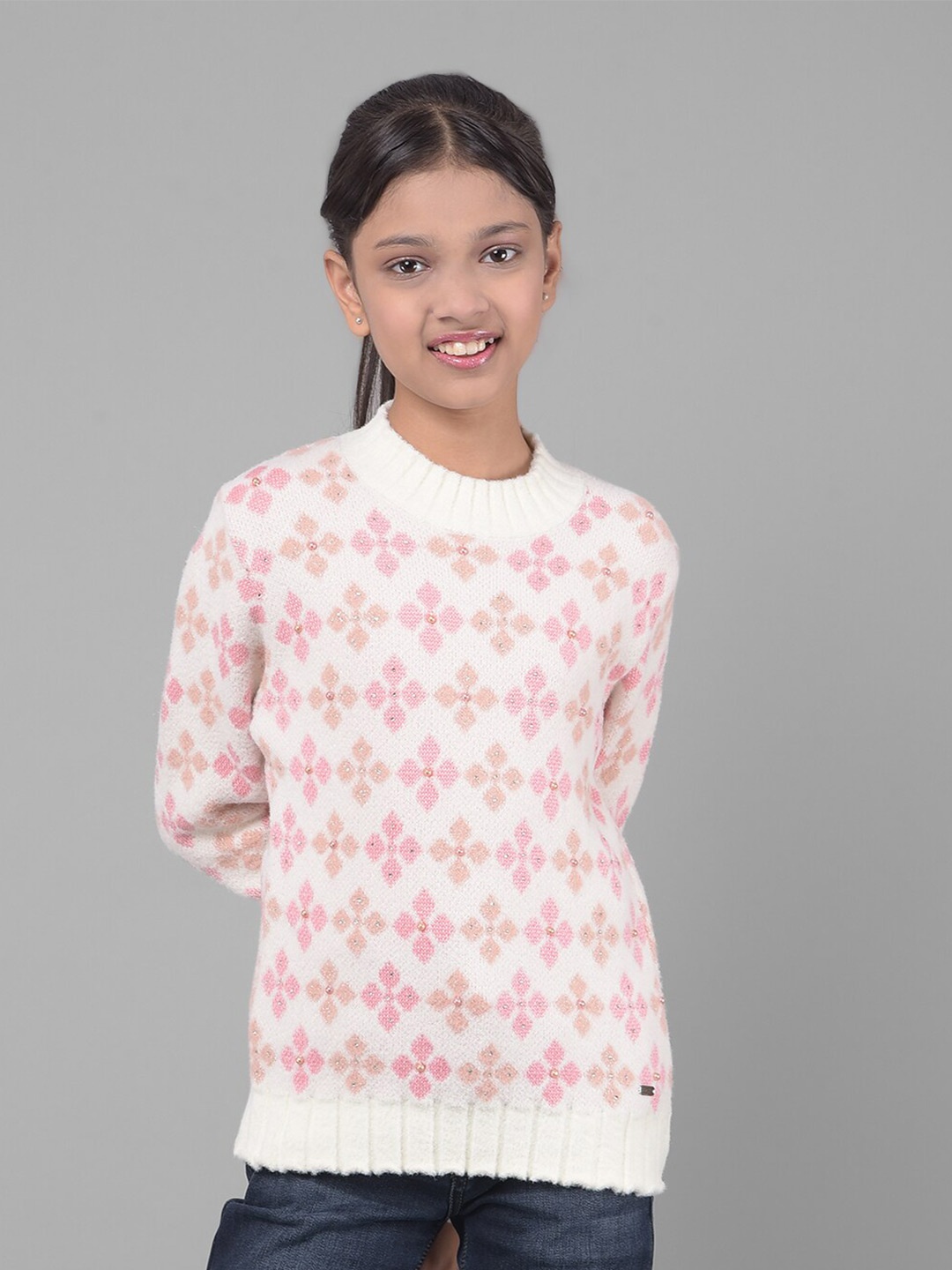 

Crimsoune Club Girls Ethnic Motifs Printed Embellished Pullover, Off white