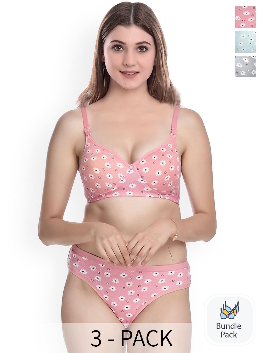 

PIBU Pack Of 3 Floral Printed Cotton Bras With Briefs, Pink