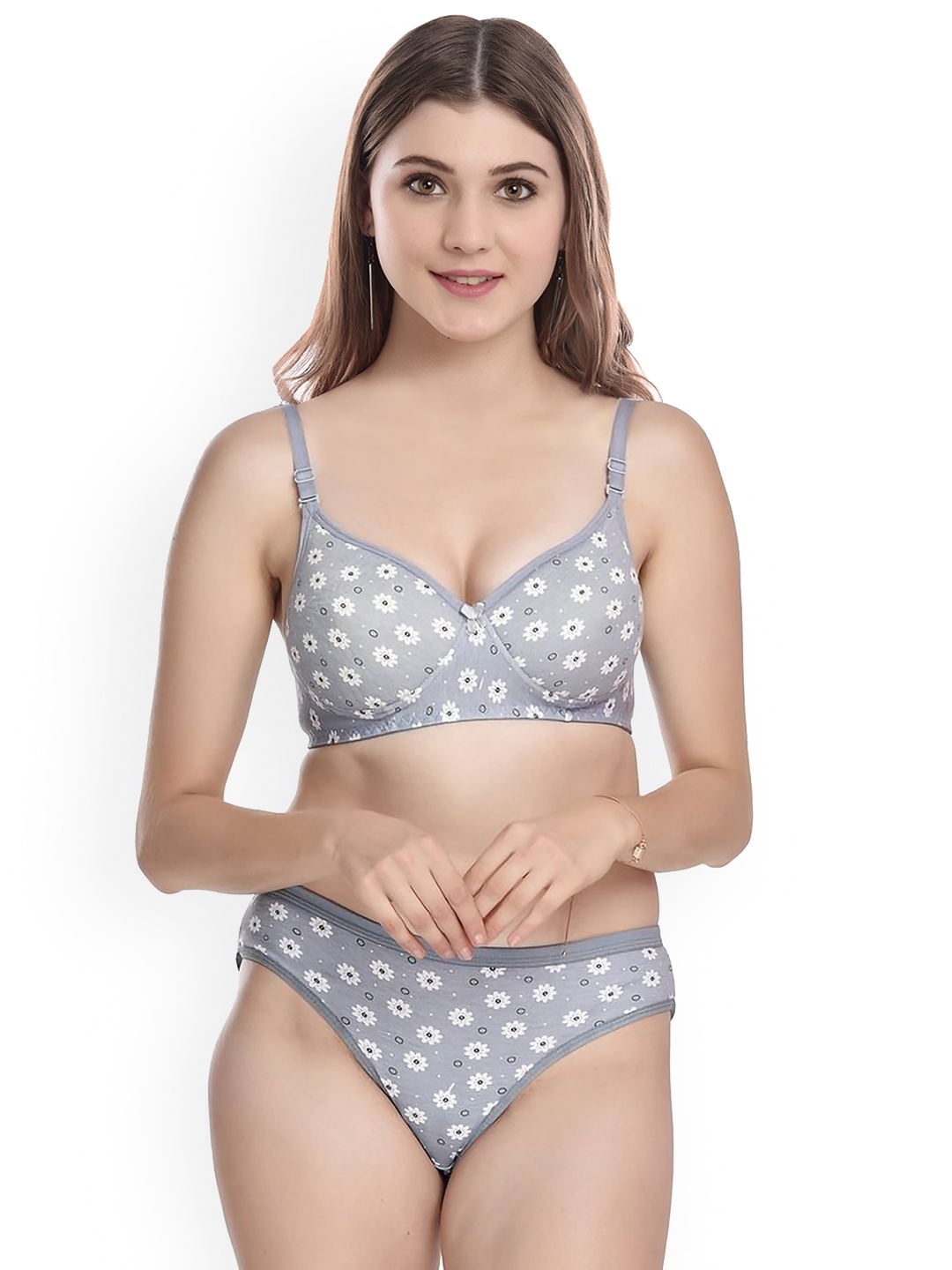 

PIBU Floral Printed Cotton Bra With Brief, Grey