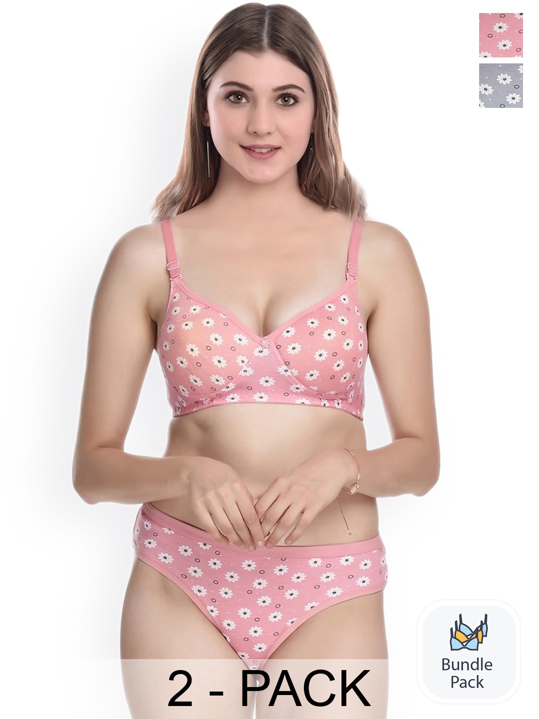 

PIBU Pack Of 2 Printed Cotton Bras With Briefs, Pink