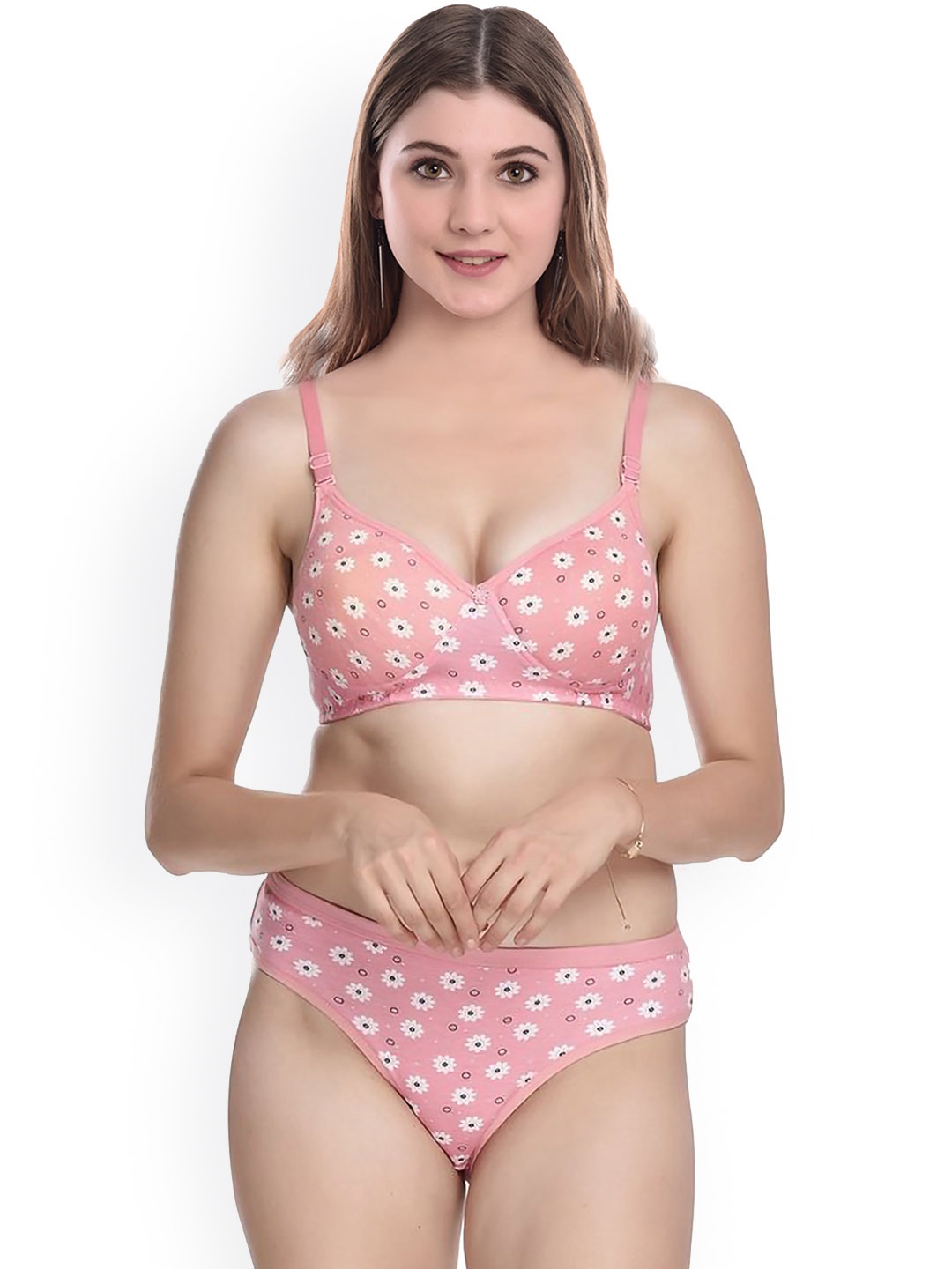 

PIBU Floral Printed Cotton Bra With Brief, Pink
