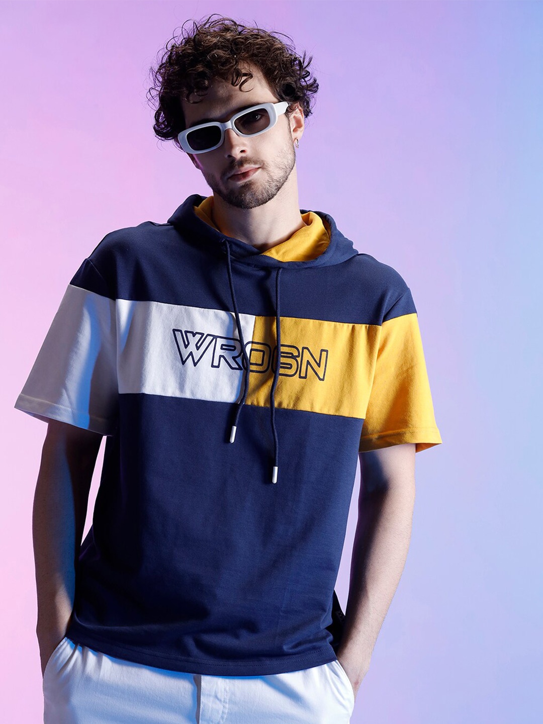 

WROGN Colourblocked Hooded Cotton Boxy T-shirt, Navy blue