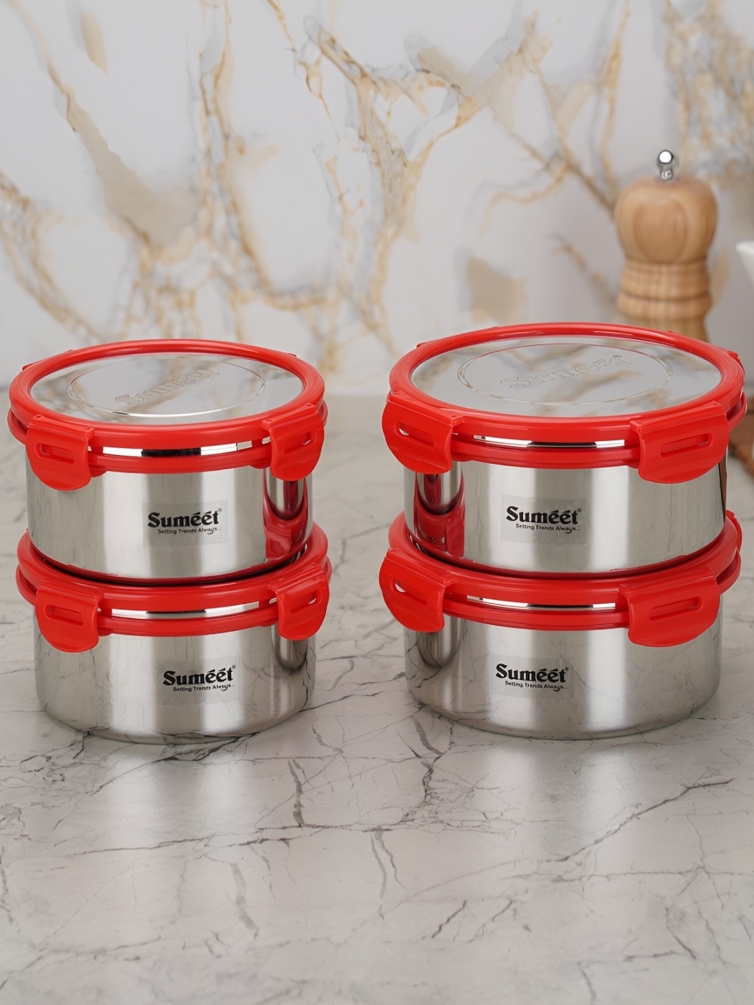 

Sumeet Red 4 Pieces Stainless Steel Dishwasher Safe Food Container, Silver