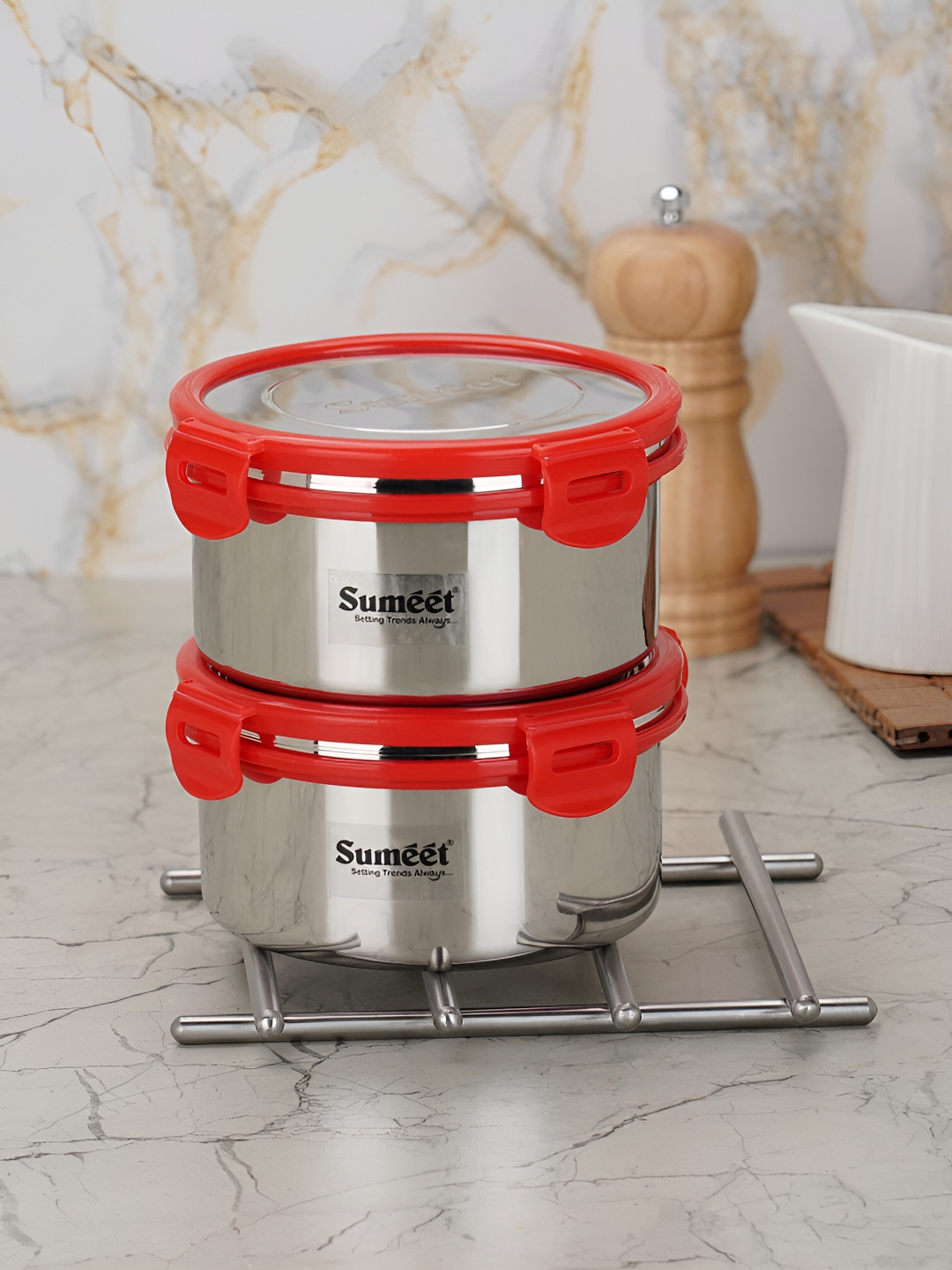 

SUMEET Silver-Toned 2Pieces Stainless Steel Leak Proof Food Containers 750ml