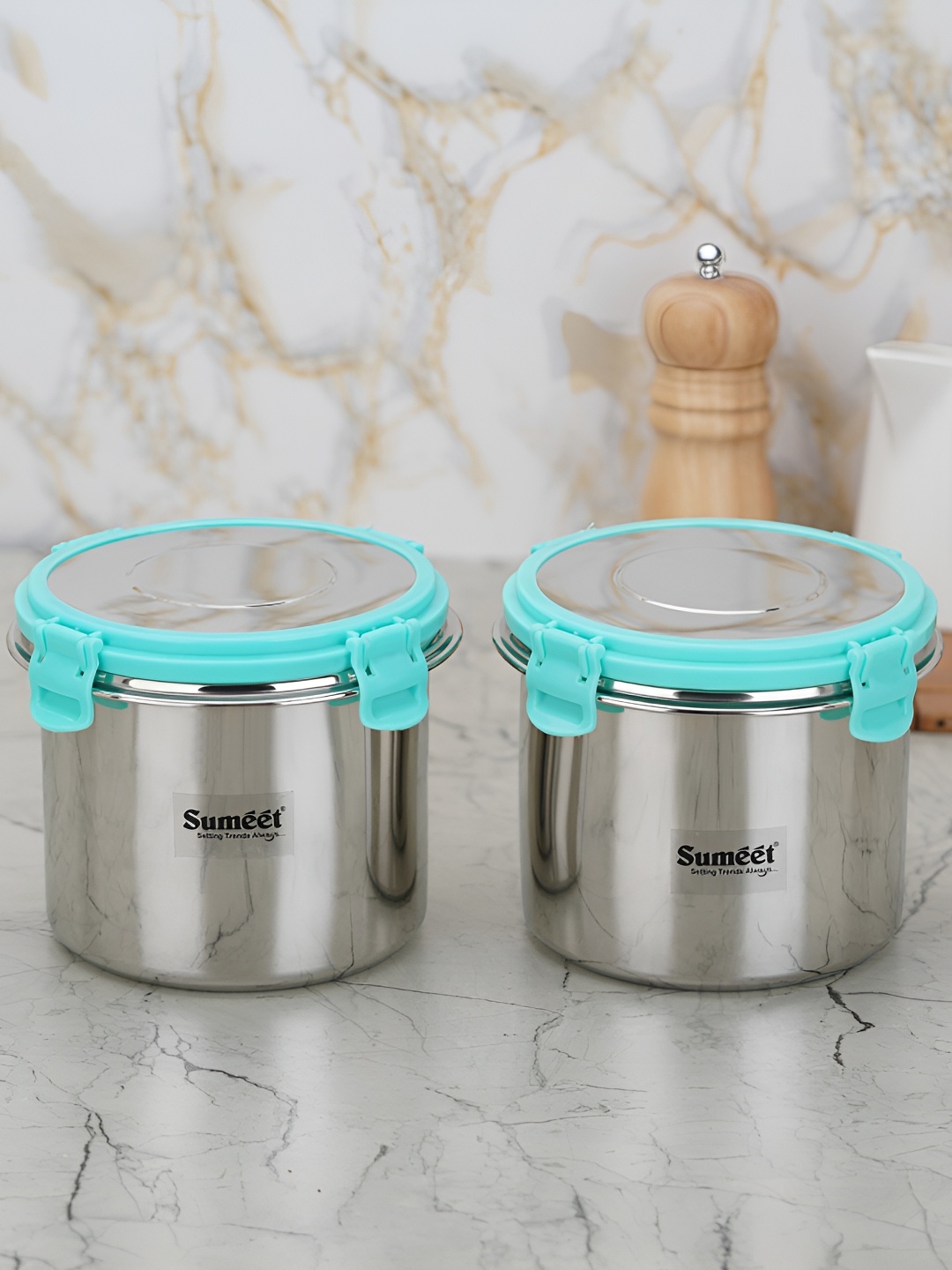 

Sumeet Blue 2 Pieces Stainless Steel Leak Proof Food Container With Lid 1100 L, Silver