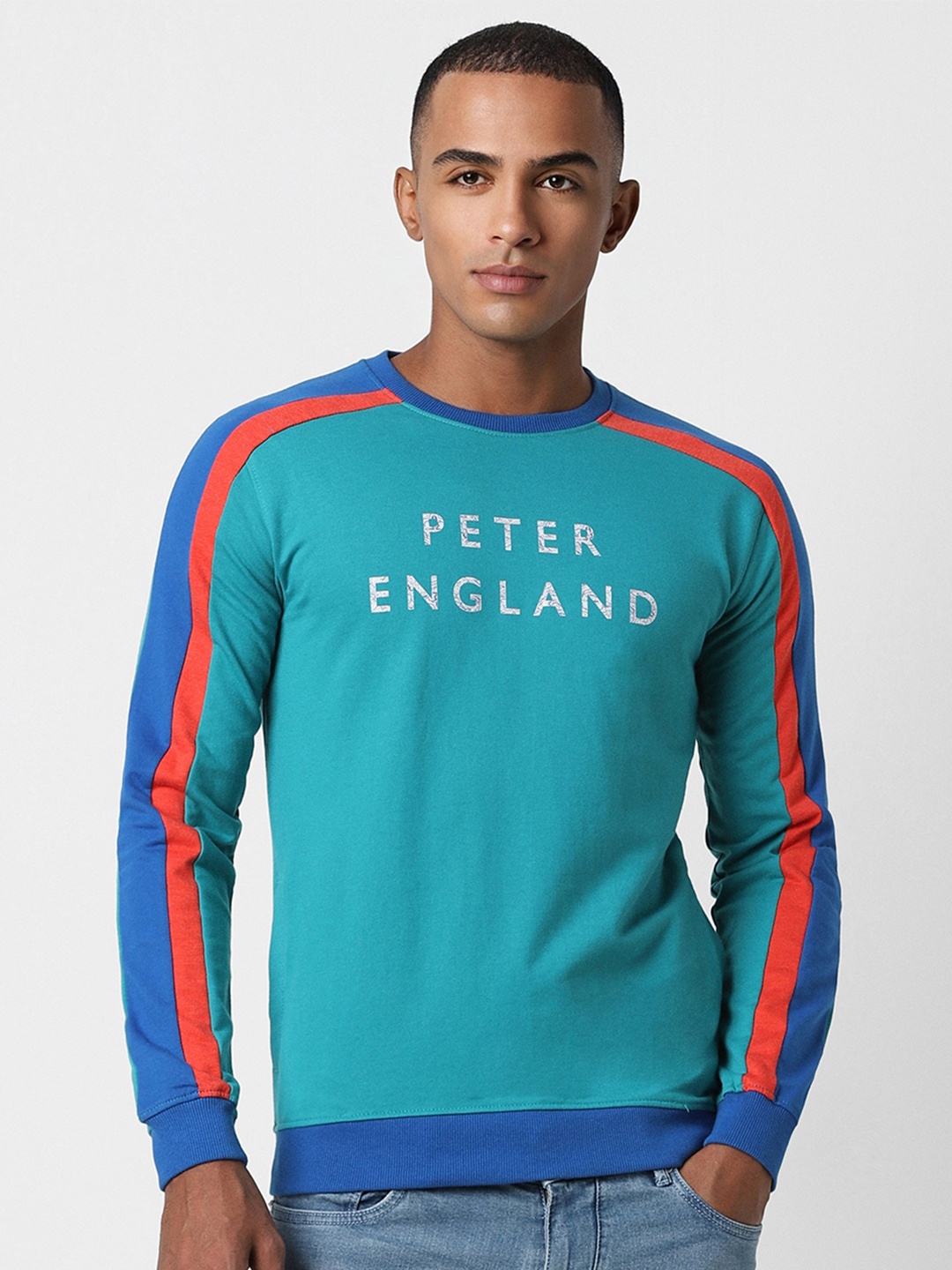 

Peter England Casuals Men Blue Printed Sweatshirt