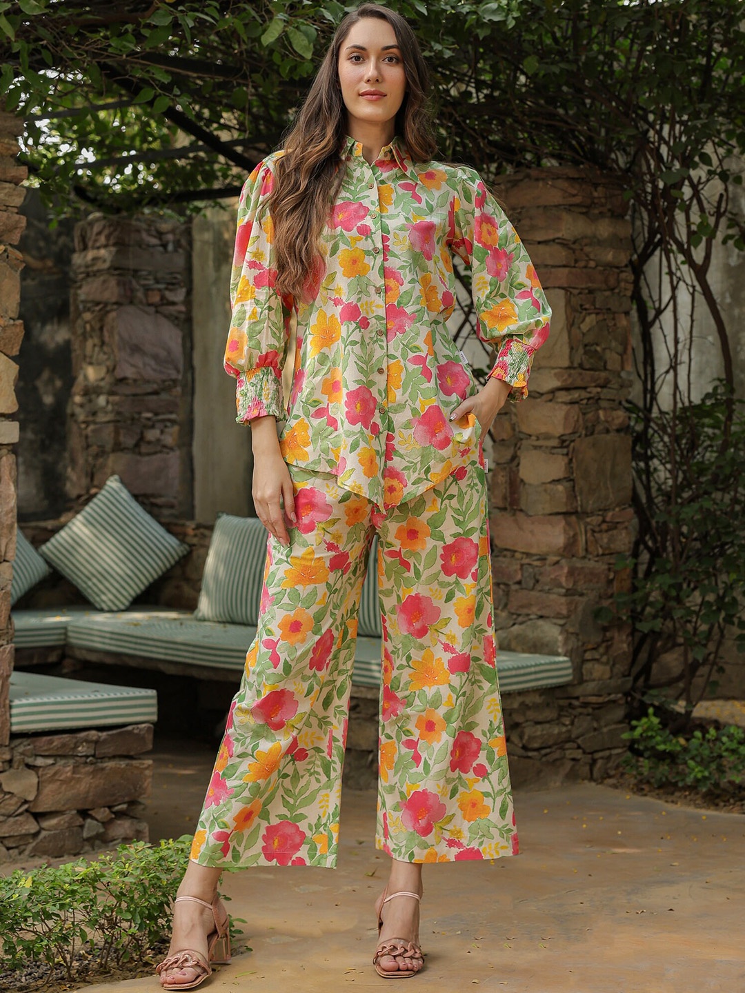 JISORA Green Floral Printed Pure Cotton Tunic & Palazzo