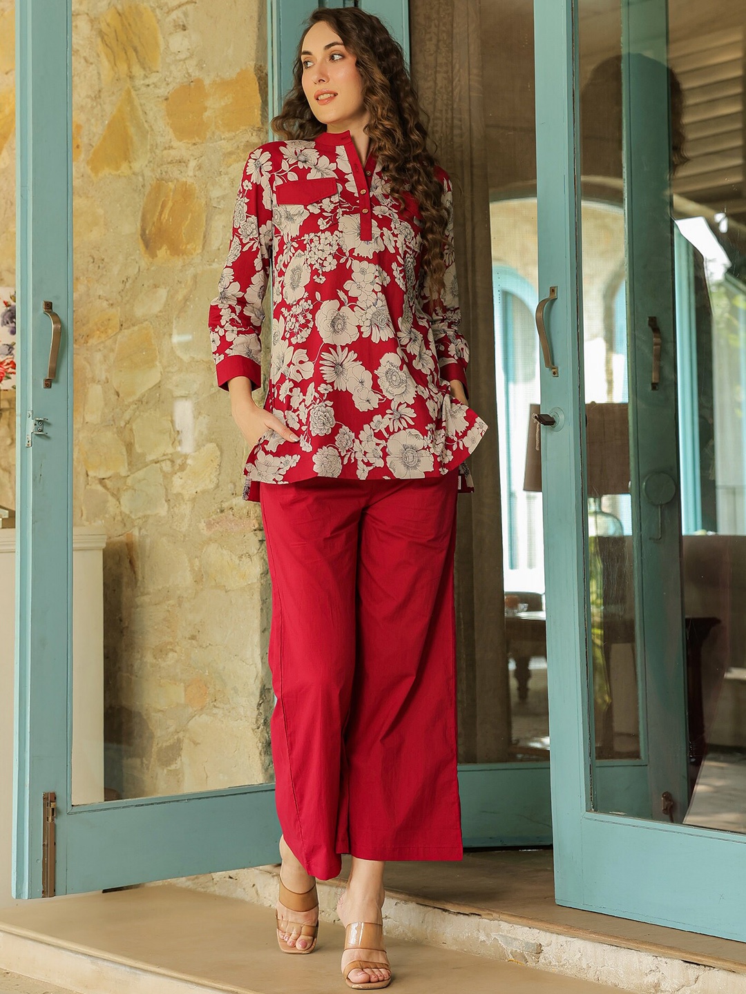 

JISORA Printed Pure Cotton Co-Ords Set, Red
