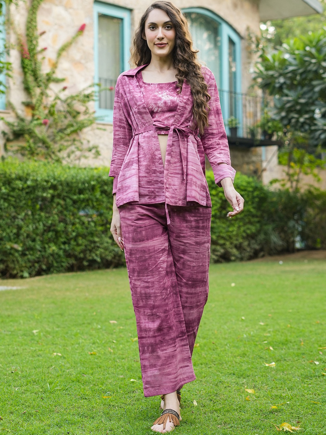 

JISORA Purple Printed Pure Cotton Top & Palazzo With Shrug