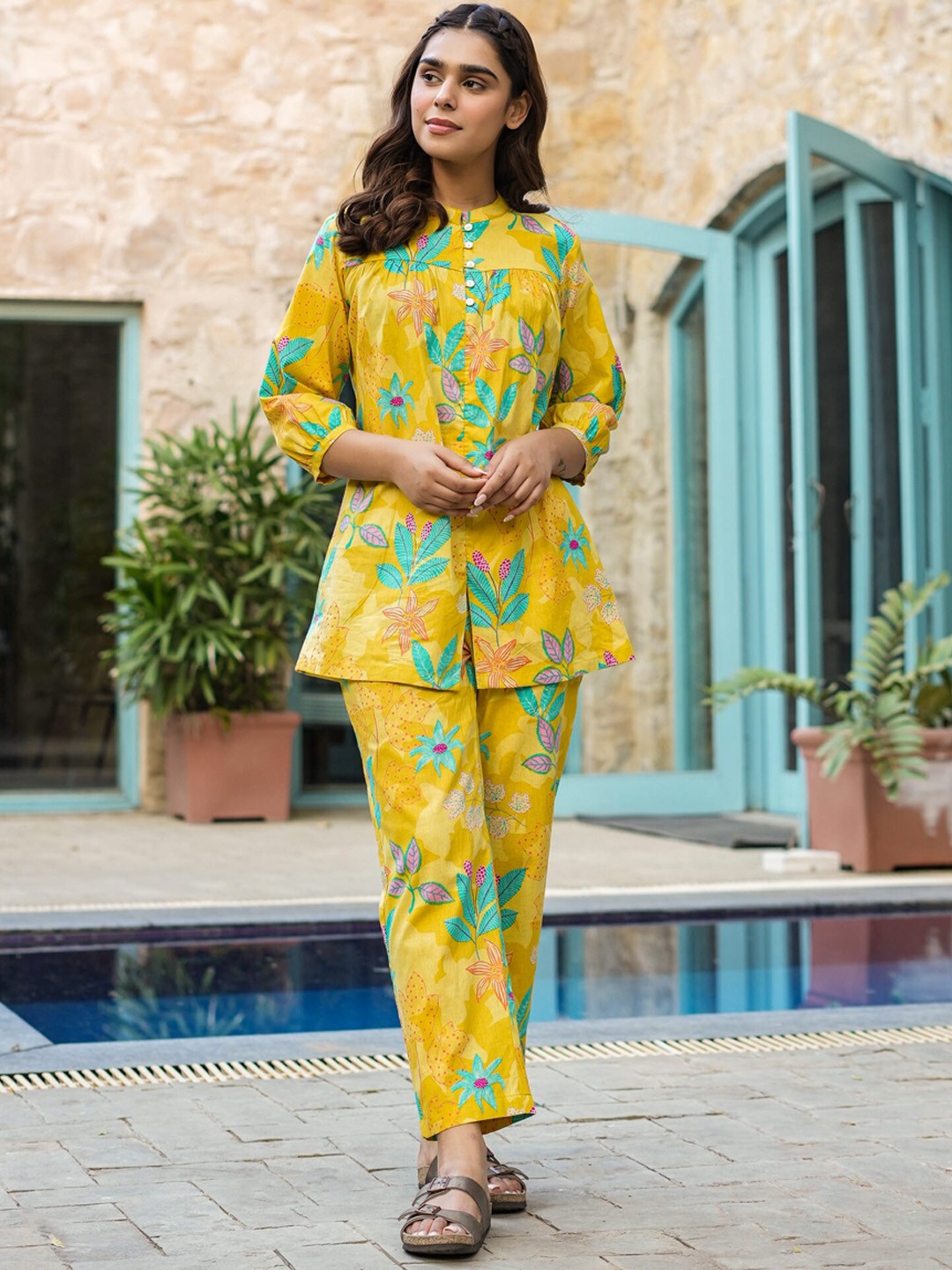 

JISORA Printed Pure Cotton Co-Ords Set, Yellow