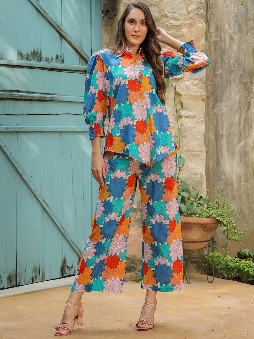 

JISORA Blue & Red Floral Printed Pure Cotton Shirt & Trouser