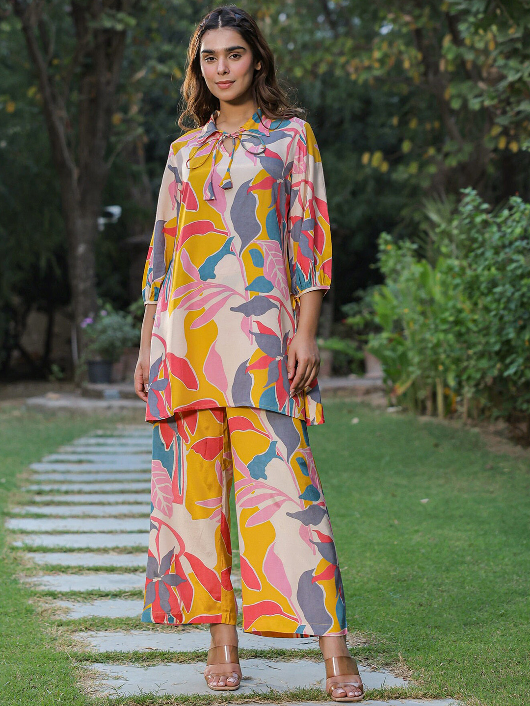 

JISORA Printed Pure Cotton Co-Ords Set, Yellow