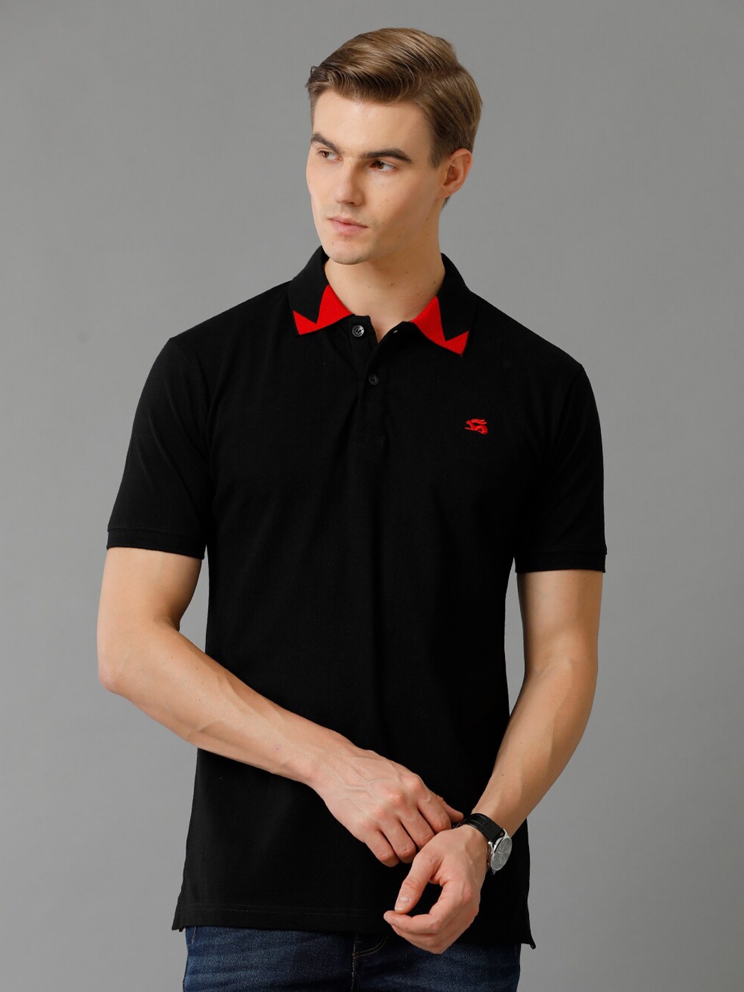 

ADRO Polo Collar Cotton T-shirt, Black