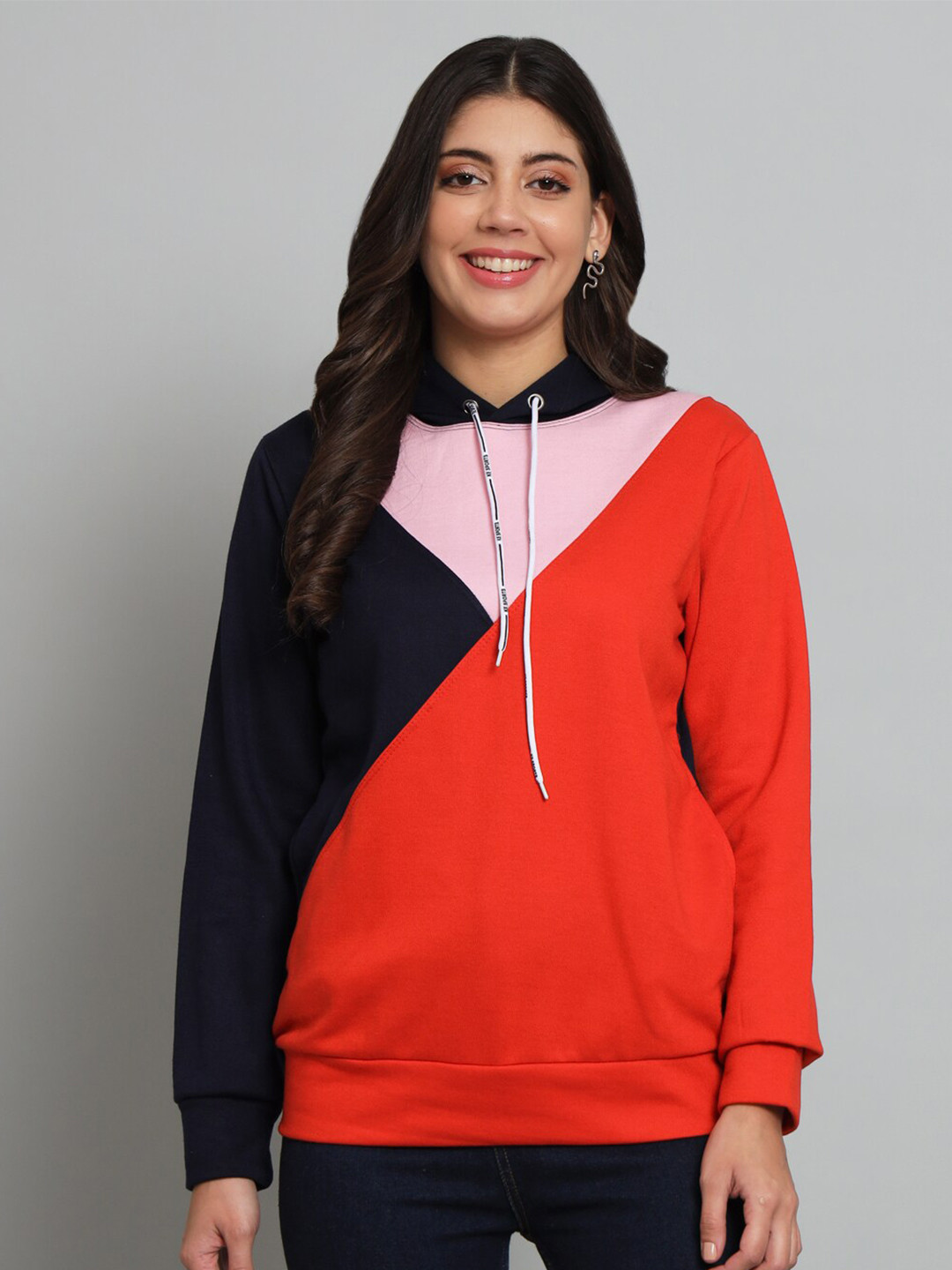 

Funday Fashion Colourblocked Hooded Fleece Pullover Sweatshirt, Red