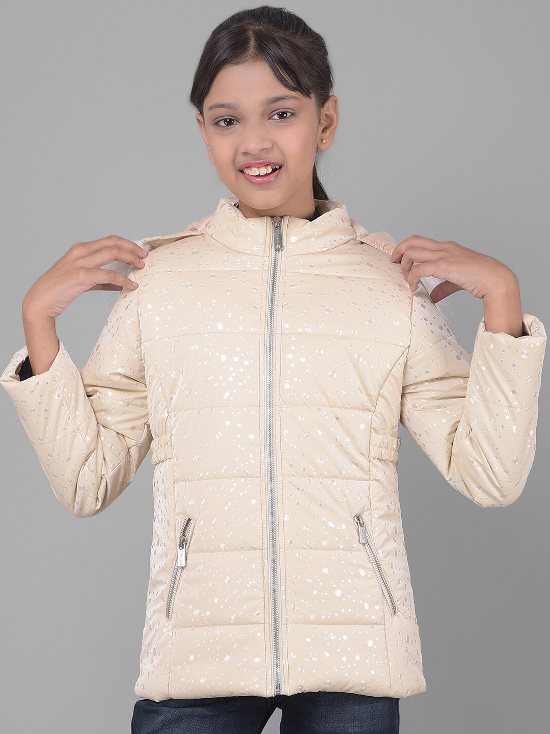 

Crimsoune Club Girls Printed Hooded Lightweight Puffer Jacket, Cream