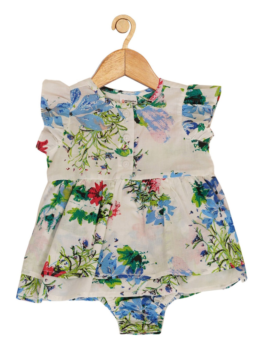 

Creative Kids Infant Girls Printed Flutter Sleeves Cotton Bodysuit, Off white