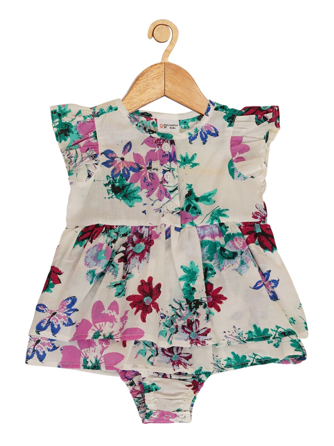 

Creative Kids Infant Girls Printed Flutter Sleeves Cotton Bodysuit, Off white