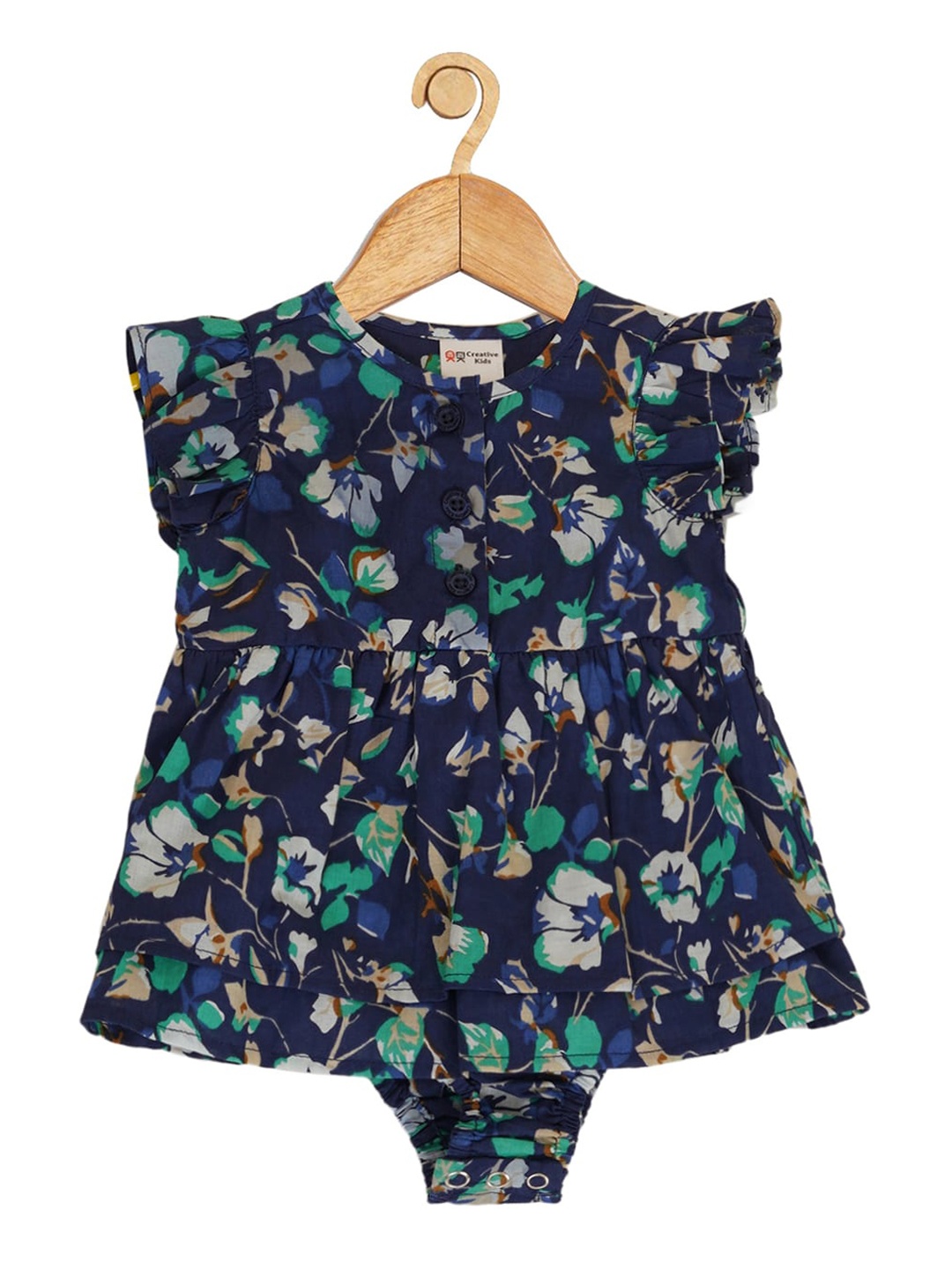 

Creative Kids Infant Girls Floral Printed Flutter Sleeves Cotton Bodysuit, Navy blue