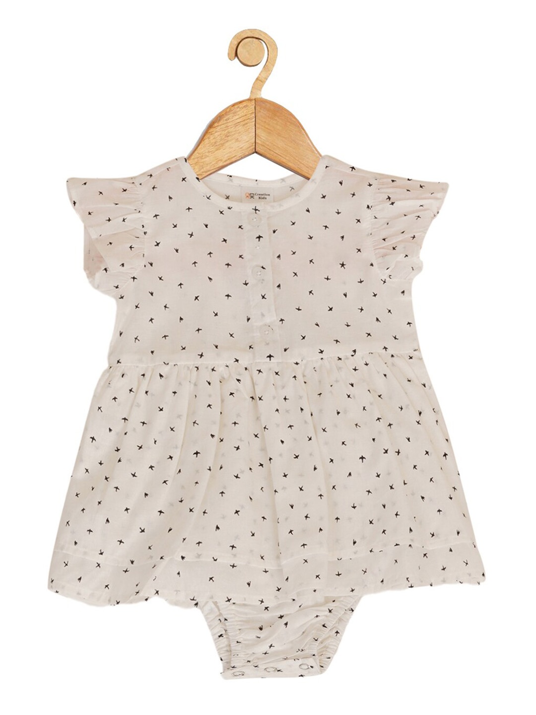 

Creative Kids Infant Girls Printed Flutter Sleeves Cotton Bodysuit, Off white