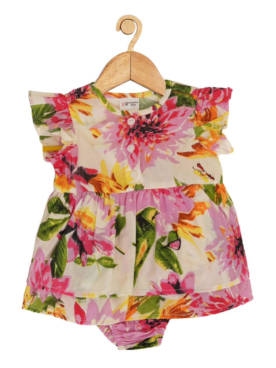 

Creative Kids Infant Girls Floral Printed Flutter Sleeves Cotton Bodysuit, Pink