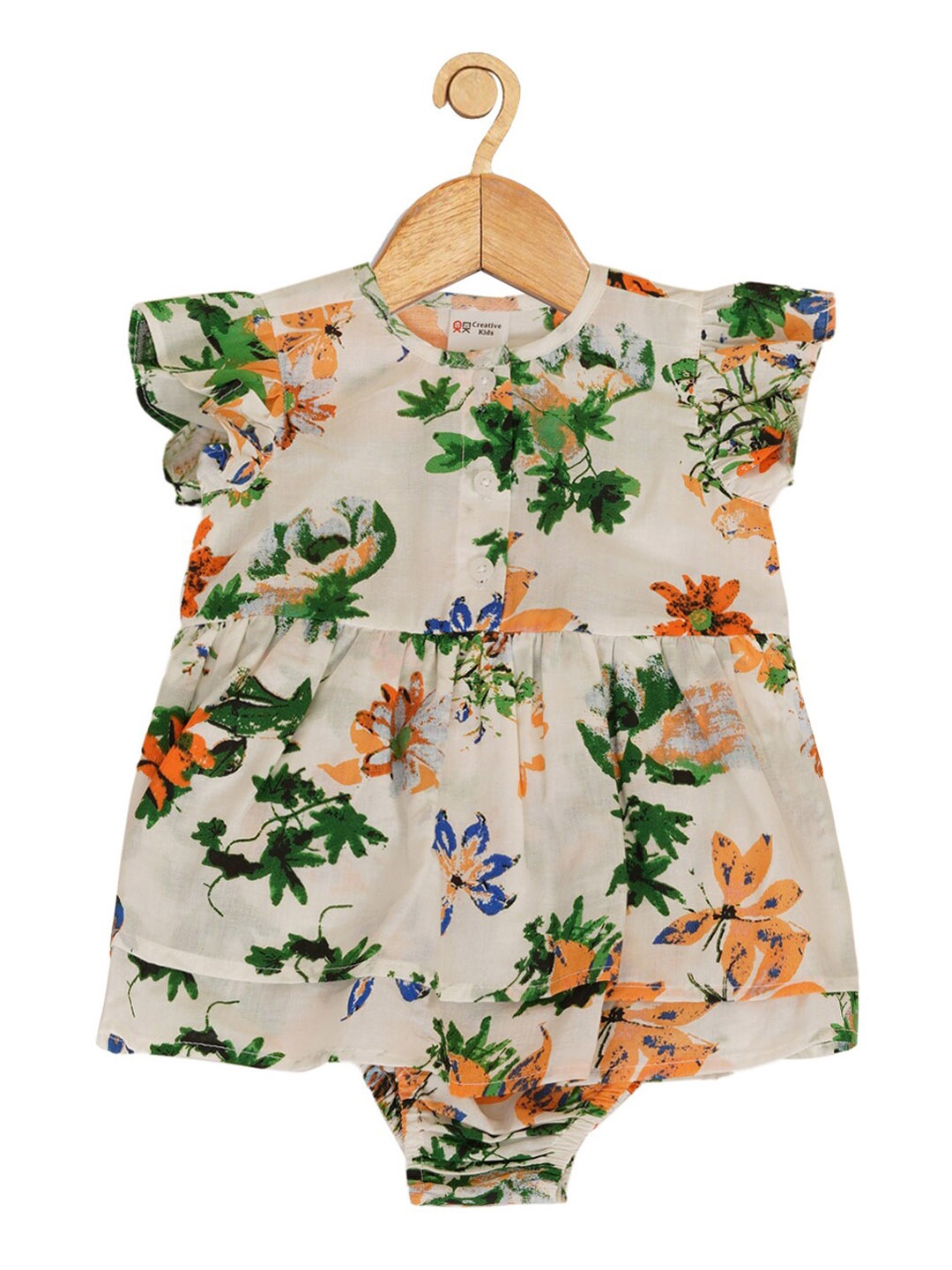 

Creative Kids Infant Girls Floral Printed Flutter Sleeves Cotton Bodysuit, Off white