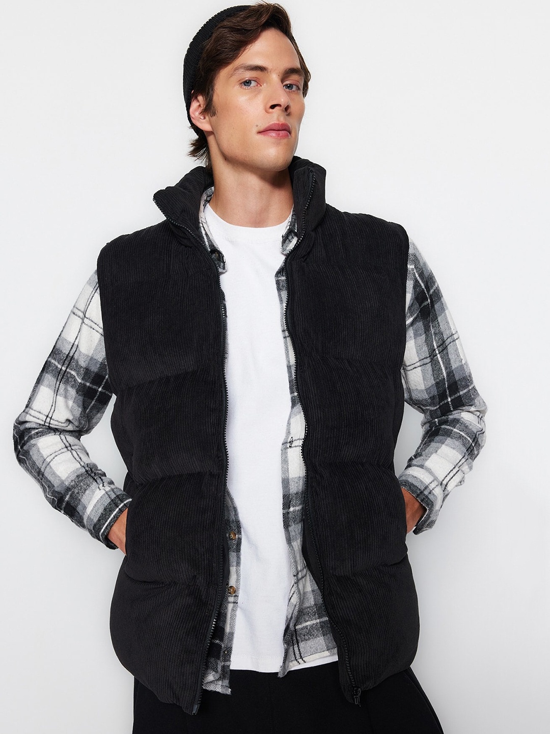 

Trendyol Self Design Mock Collar Open Front Jacket, Black