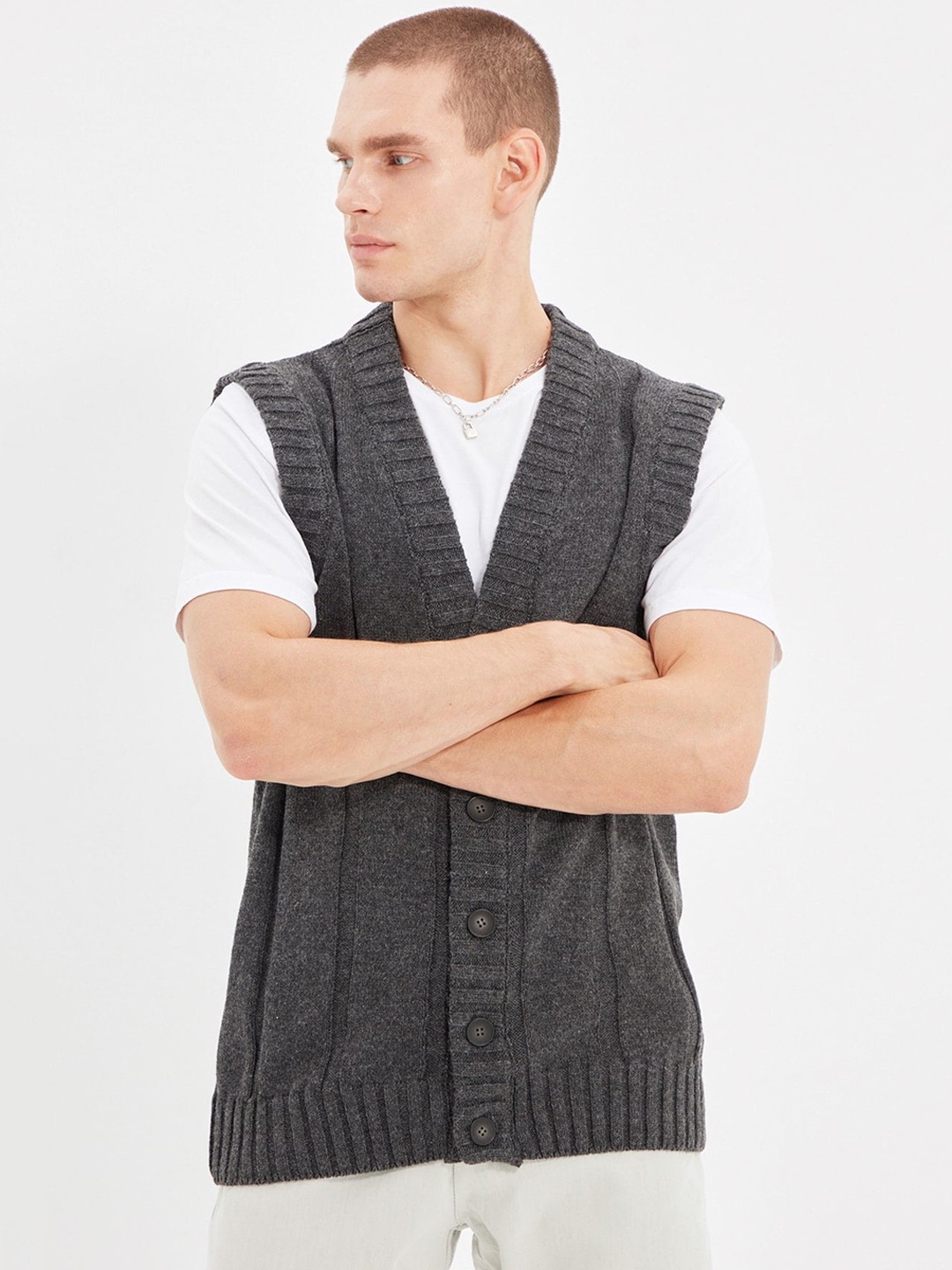 

Trendyol V-Neck Sleeveless Front Open Sweater Vest, Grey