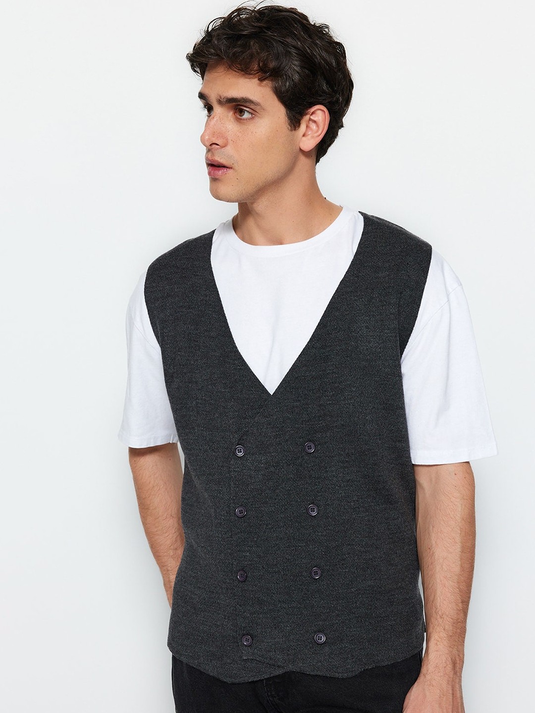

Trendyol Knitted V-Neck Slim-Fit Waistcoat, Grey