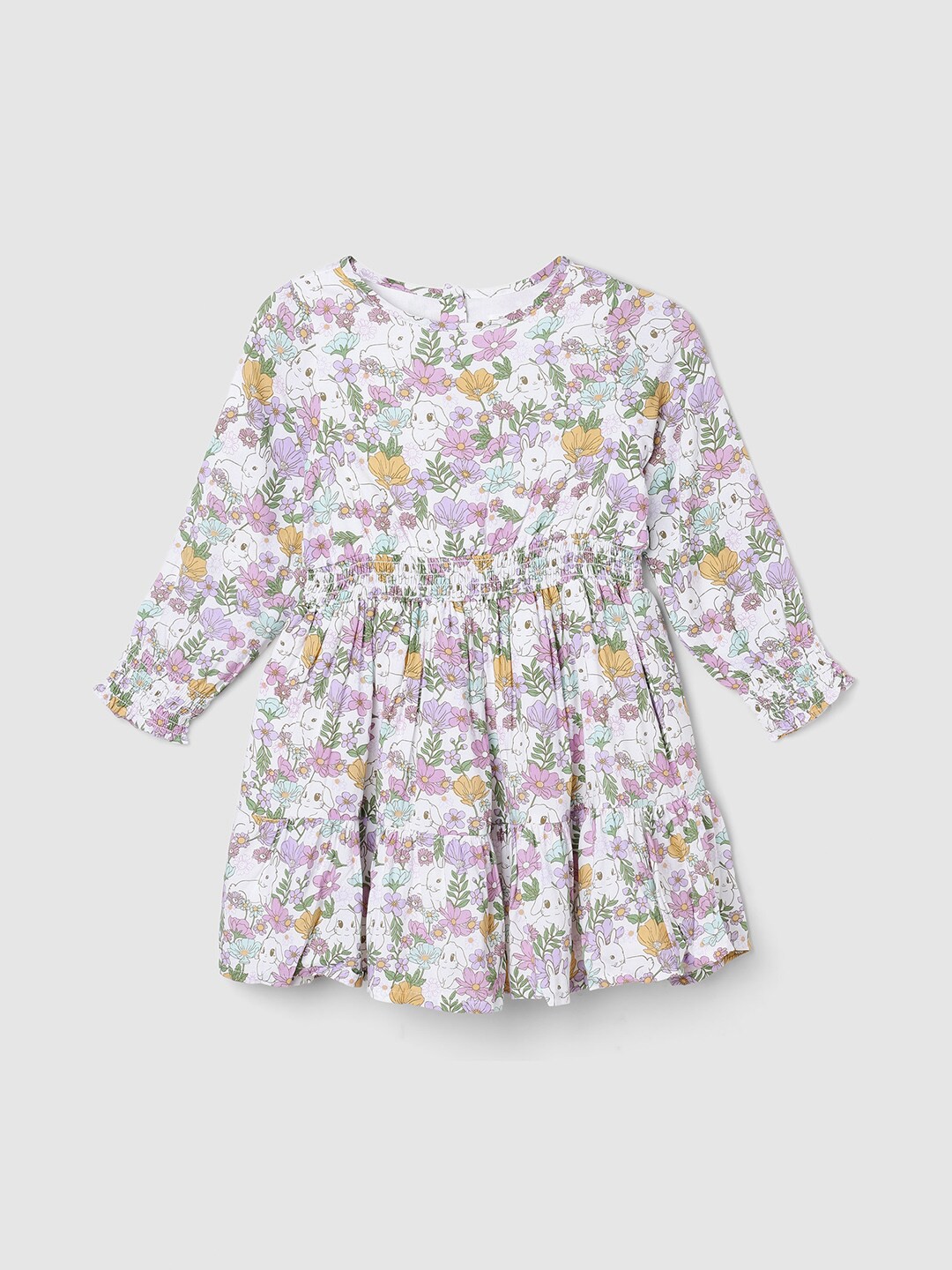 

max Girls Floral Printed Round Neck Long Sleeve Gathered Fit & Flare Dress, Beige