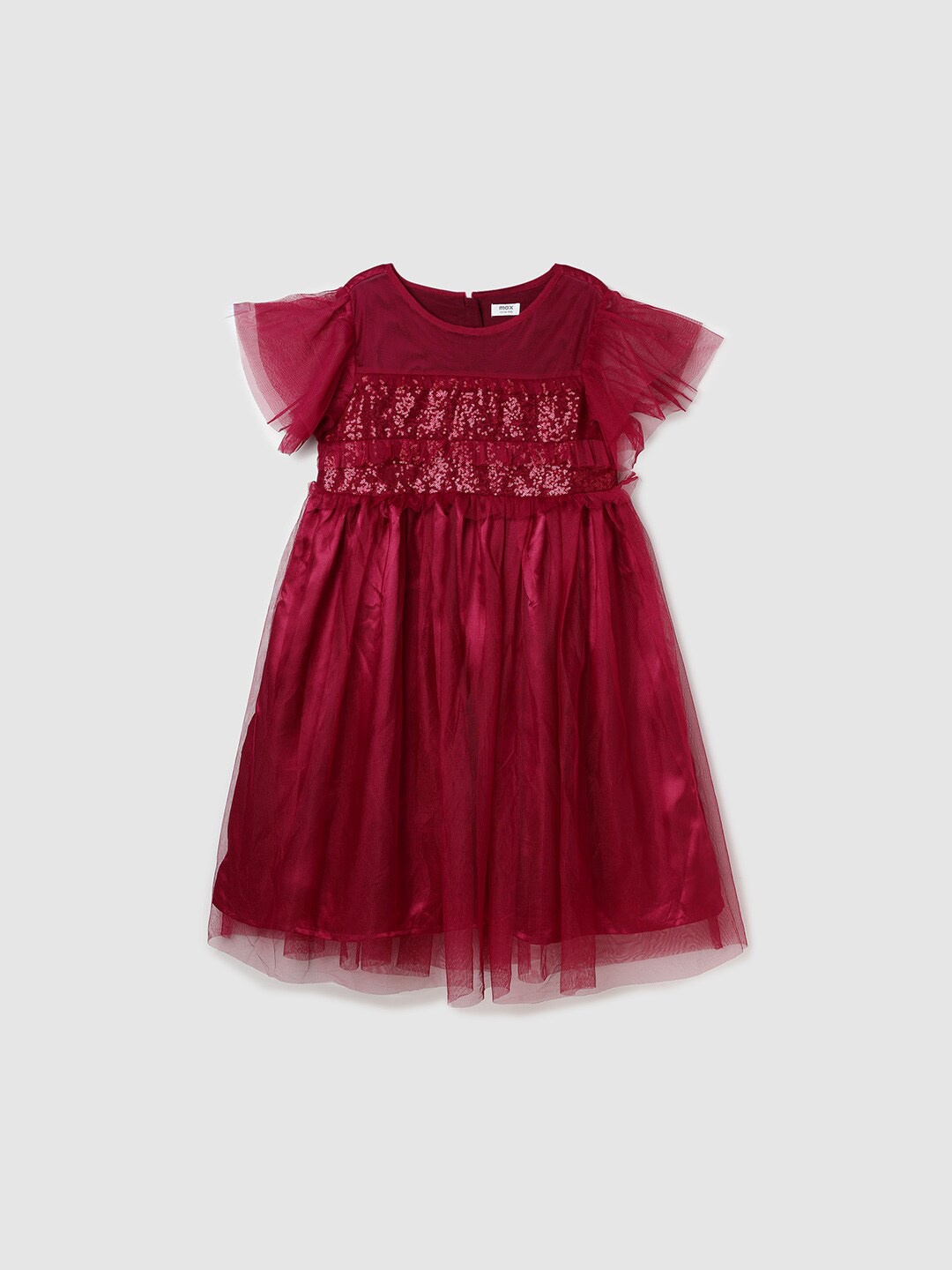 

max Girls Self Design Round Neck Flutter Sleeves Ruffled Fit & Flare Dress, Maroon