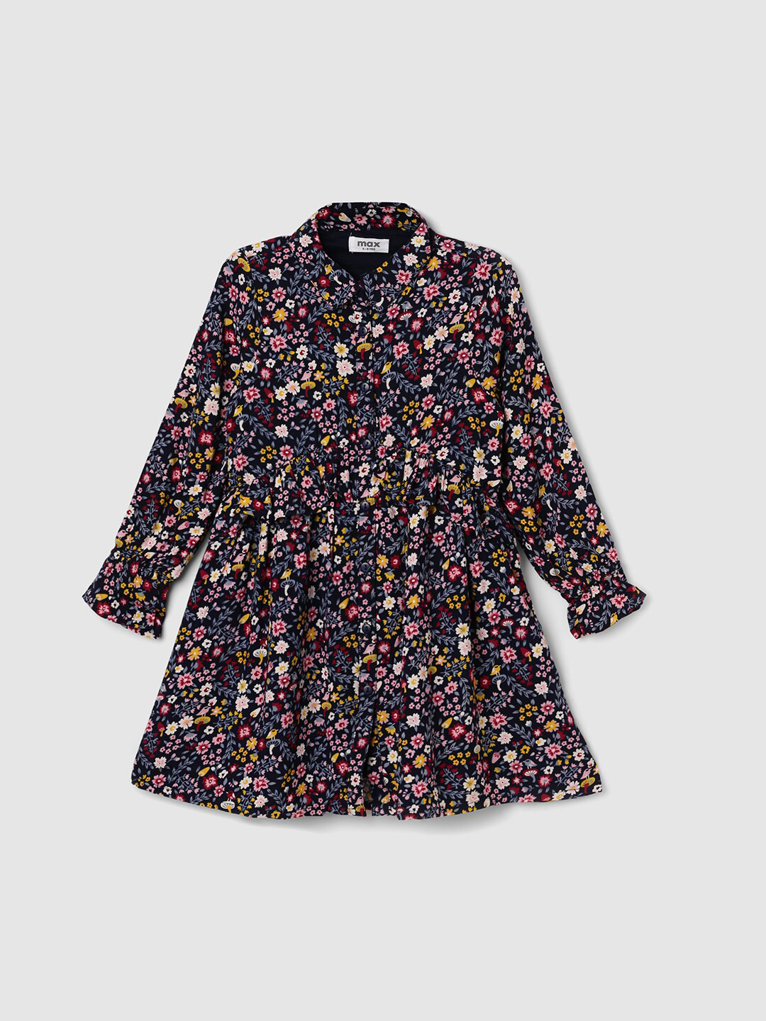 

max Floral Printed Shirt Collar Fit and Flare Dress, Black