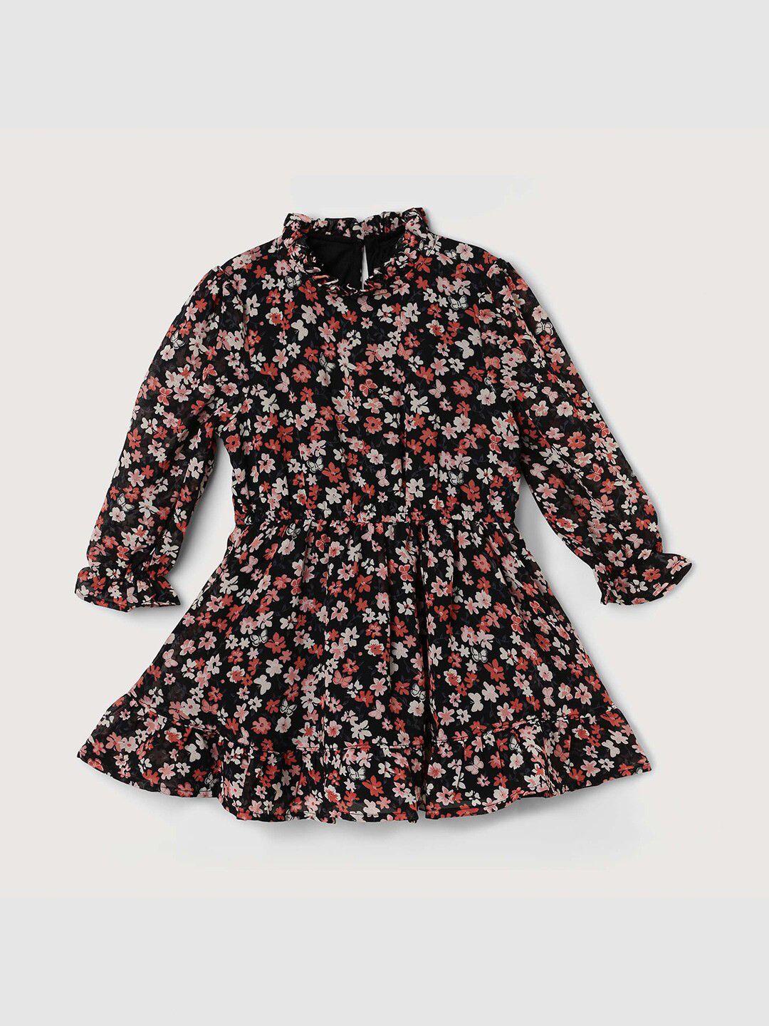 

max Girls Floral Printed High Neck Puff Sleeve Fit & Flare Dress, Black