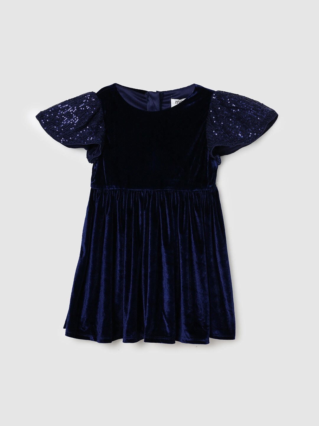 

max Girls Round Neck Flutter Sleeves Sequinned Fit & Flare Dress, Blue