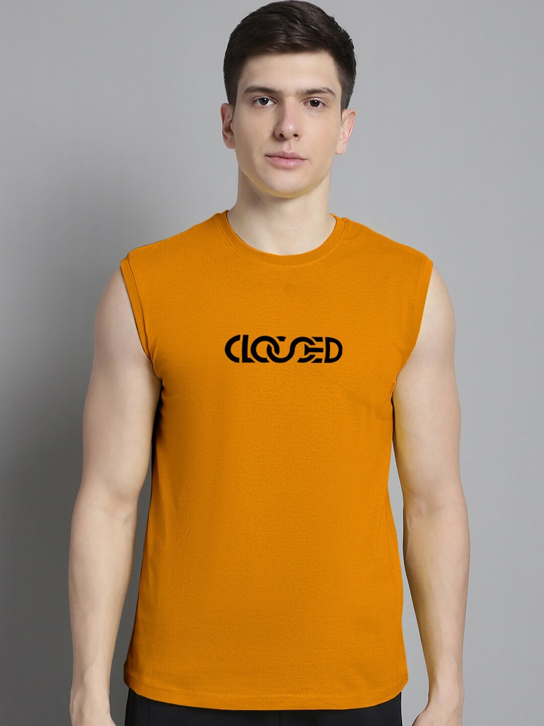 

FBAR Typography Printed Sleeveless Slim Fit Pure Cotton T-shirt, Mustard