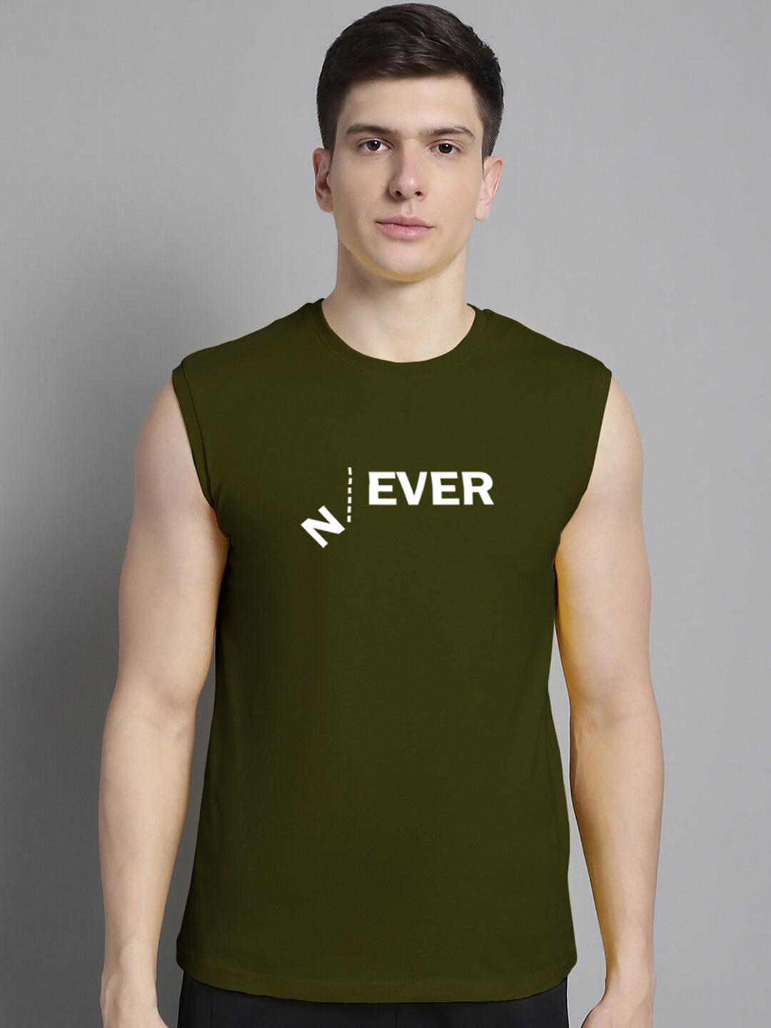 

FBAR Typography Printed Sleeveless Slim Fit Pure Cotton T-shirt, Olive