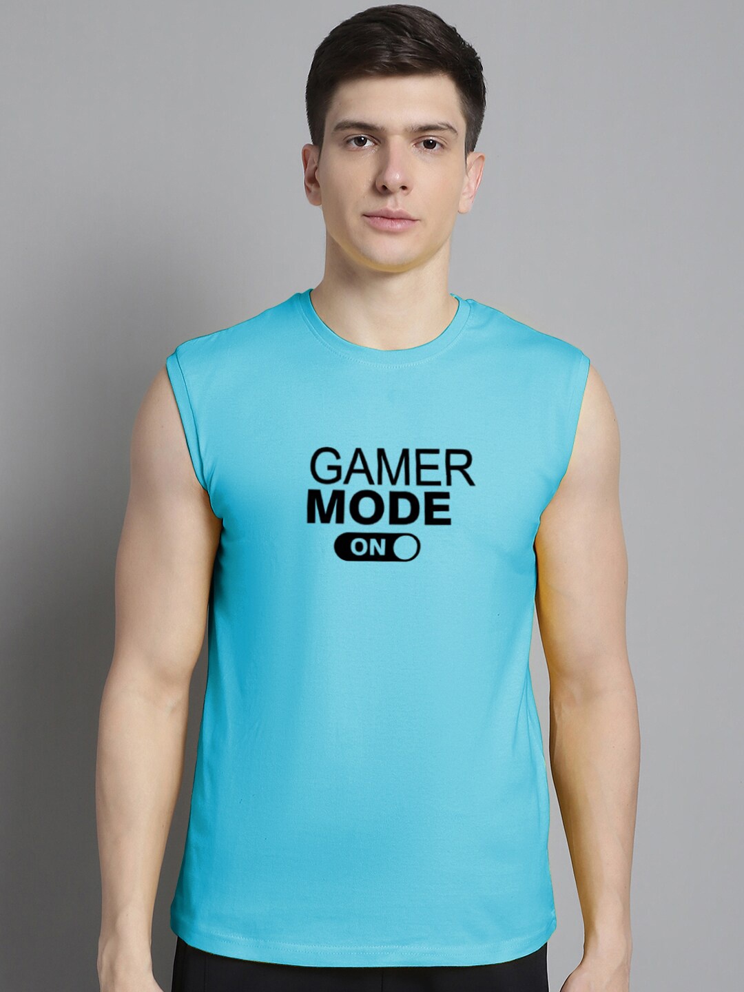 

FBAR Typography Printed Sleeveless Slim Fit Pure Cotton T-shirt, Turquoise blue